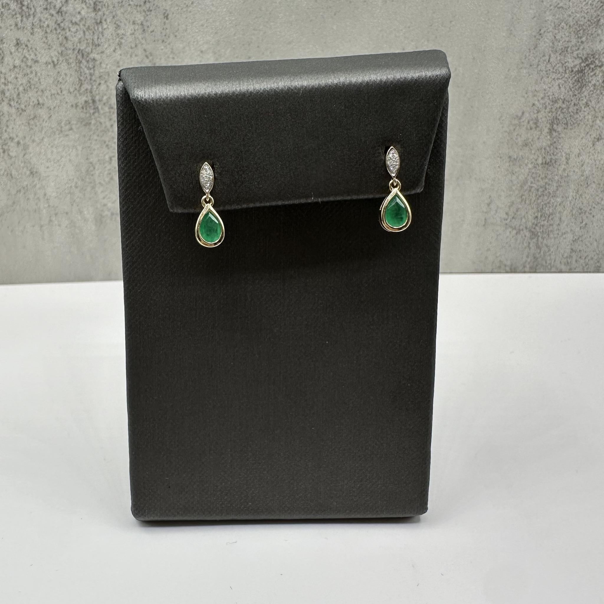 Emerald Diamond Dangle Earrings 10K Yellow Gold Pear Cut 6x4mm New