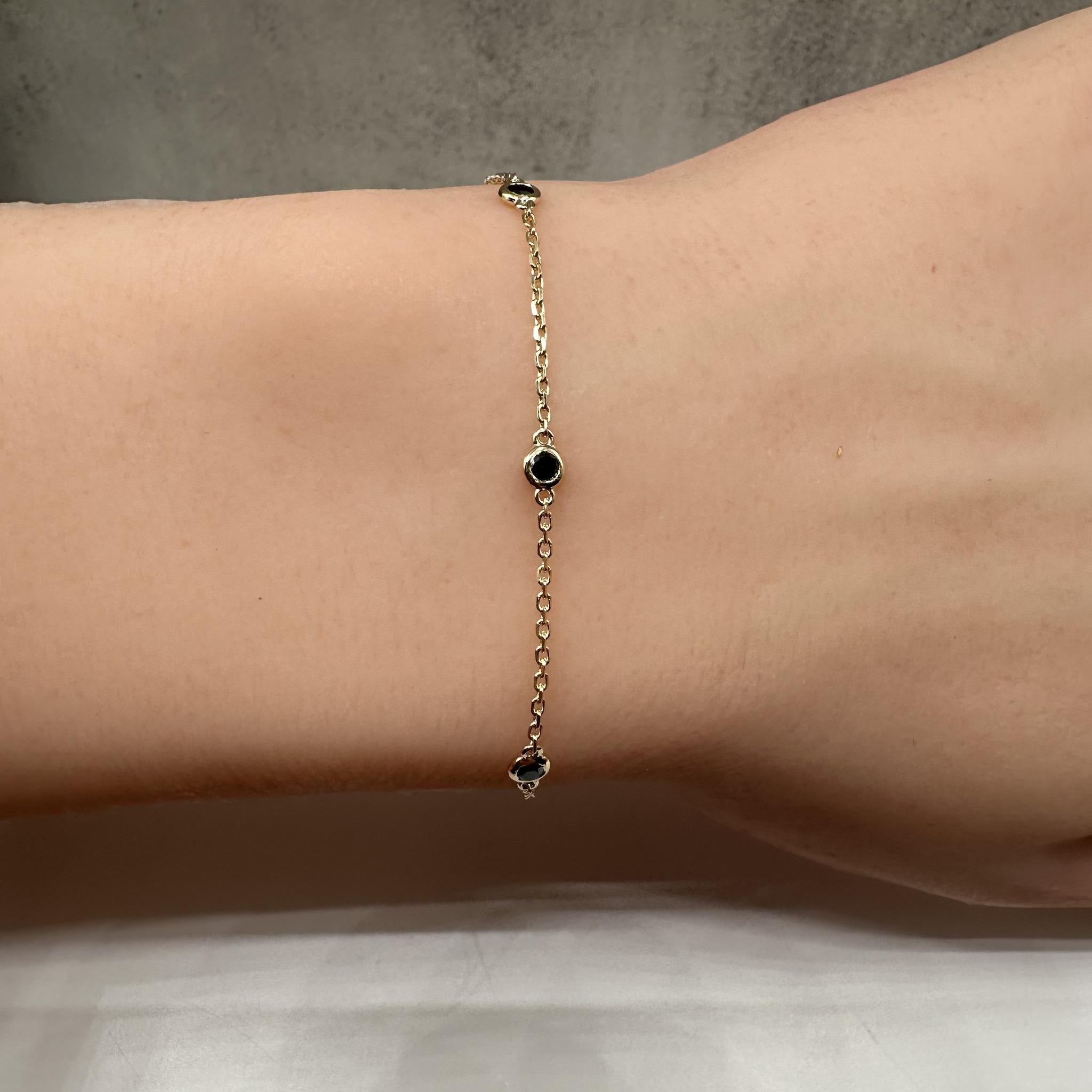 Black Diamond Station Bracelet in 14kt Yellow Gold – 0.25ctw, 7in, New