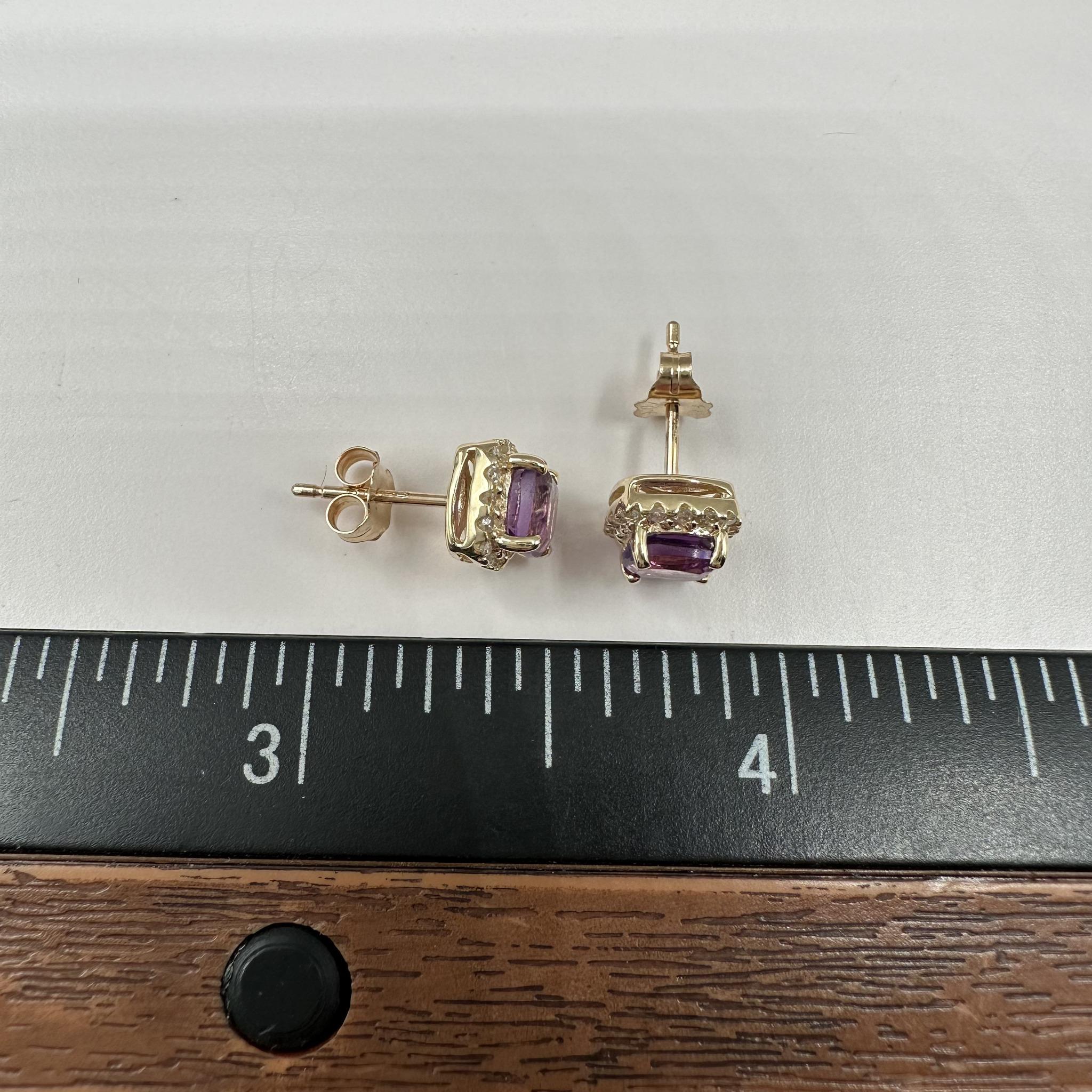 Amethyst Diamond Earrings 10K Yellow Gold Cushion Cut 0.15ctw New