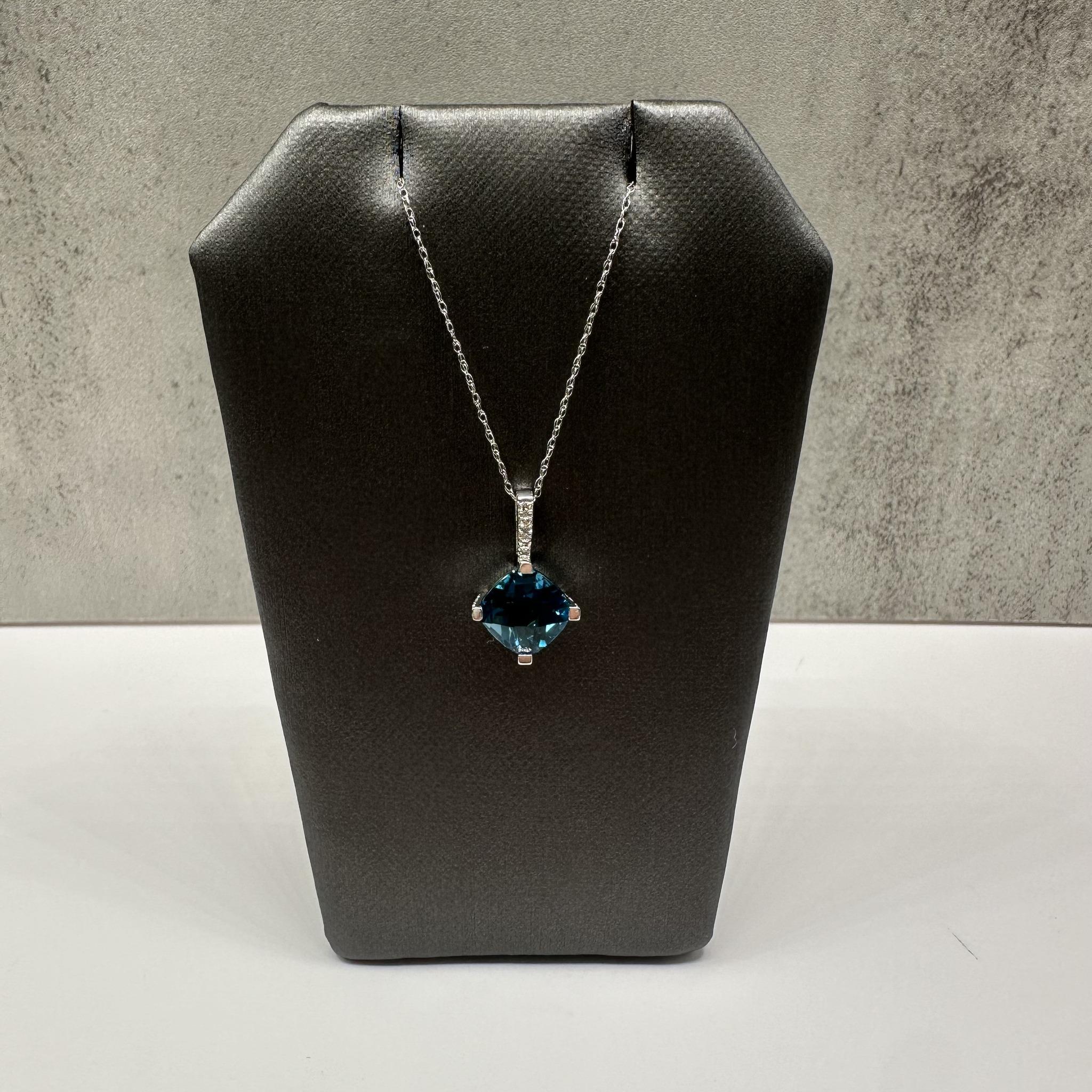 London Blue Topaz Diamond Necklace 10K White Gold 18in New