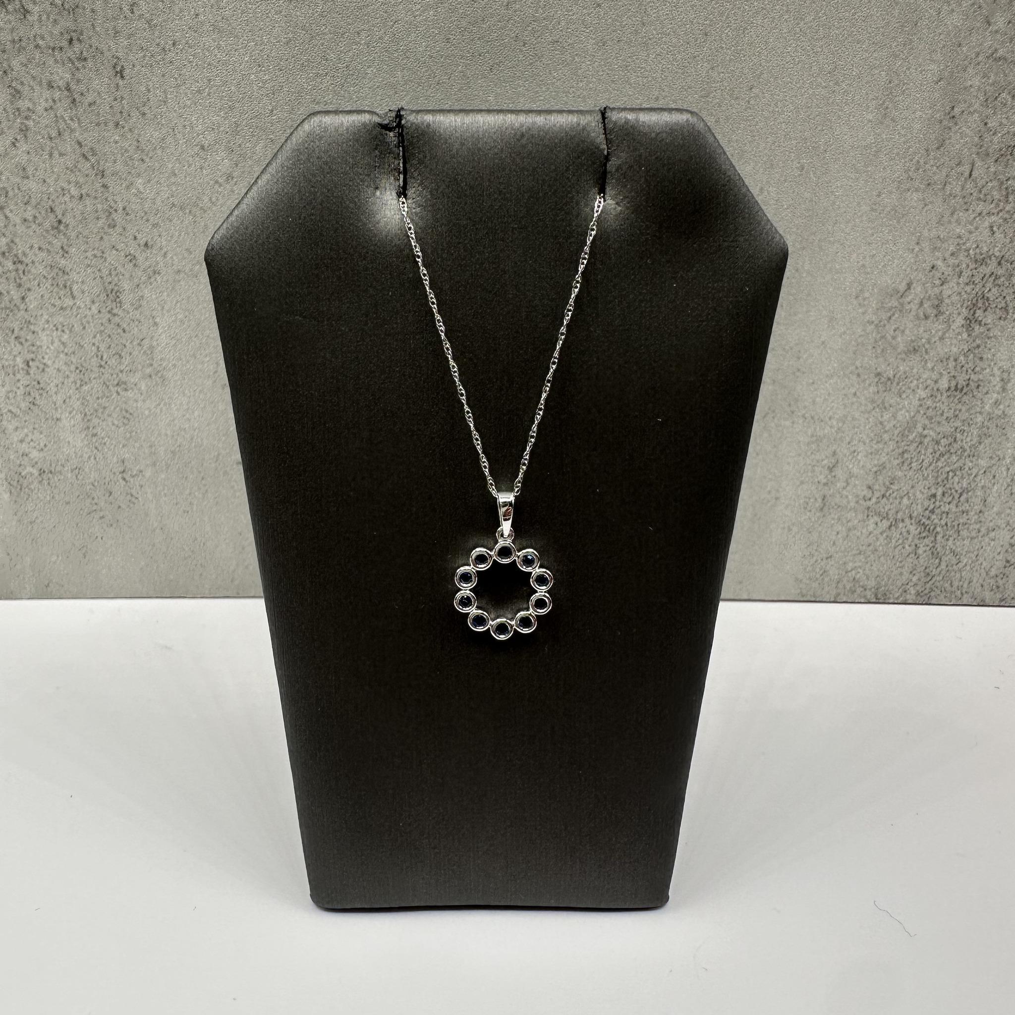 Bezel Set Blue Sapphire Necklace 10K White Gold 18in New