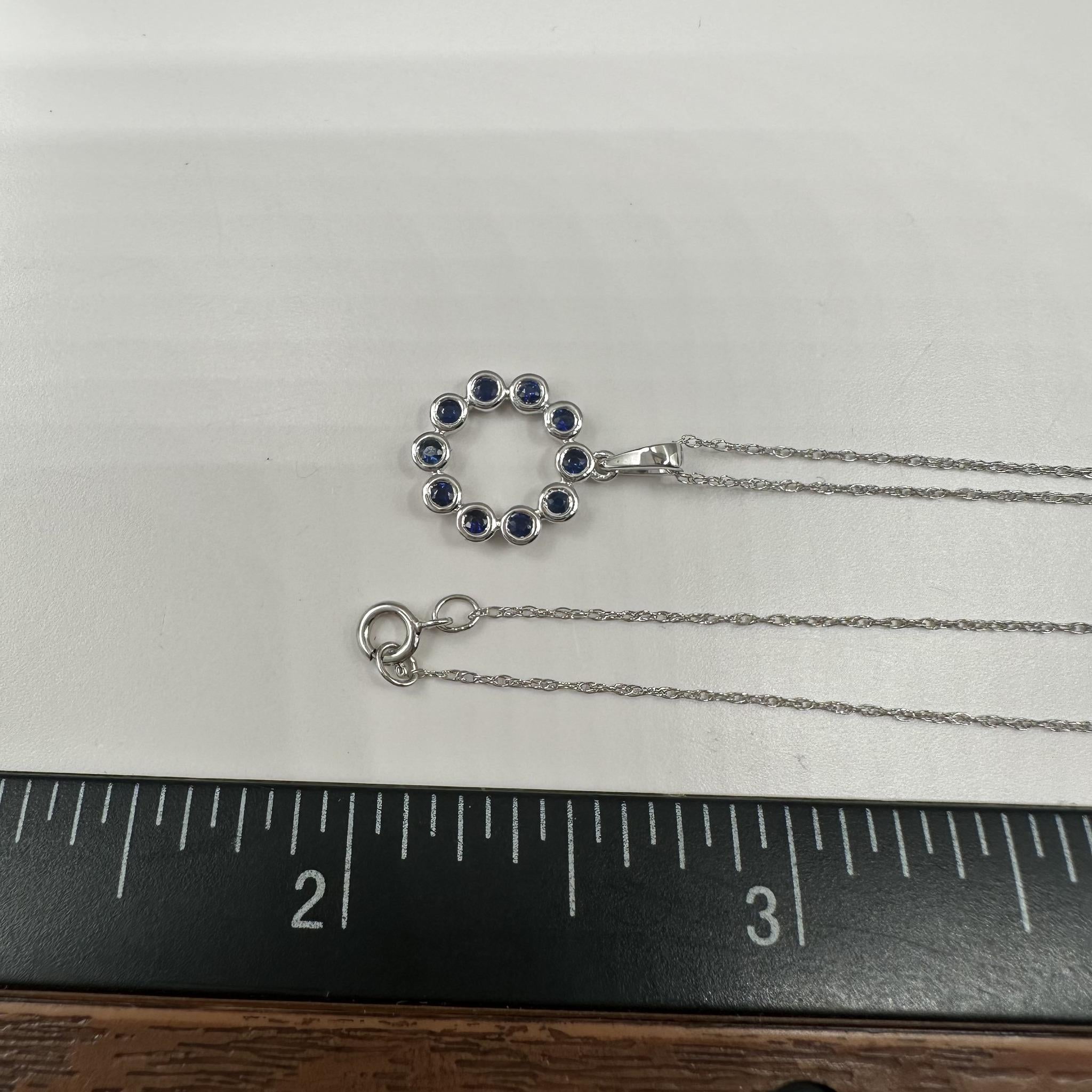 Bezel Set Blue Sapphire Necklace 10K White Gold 18in New
