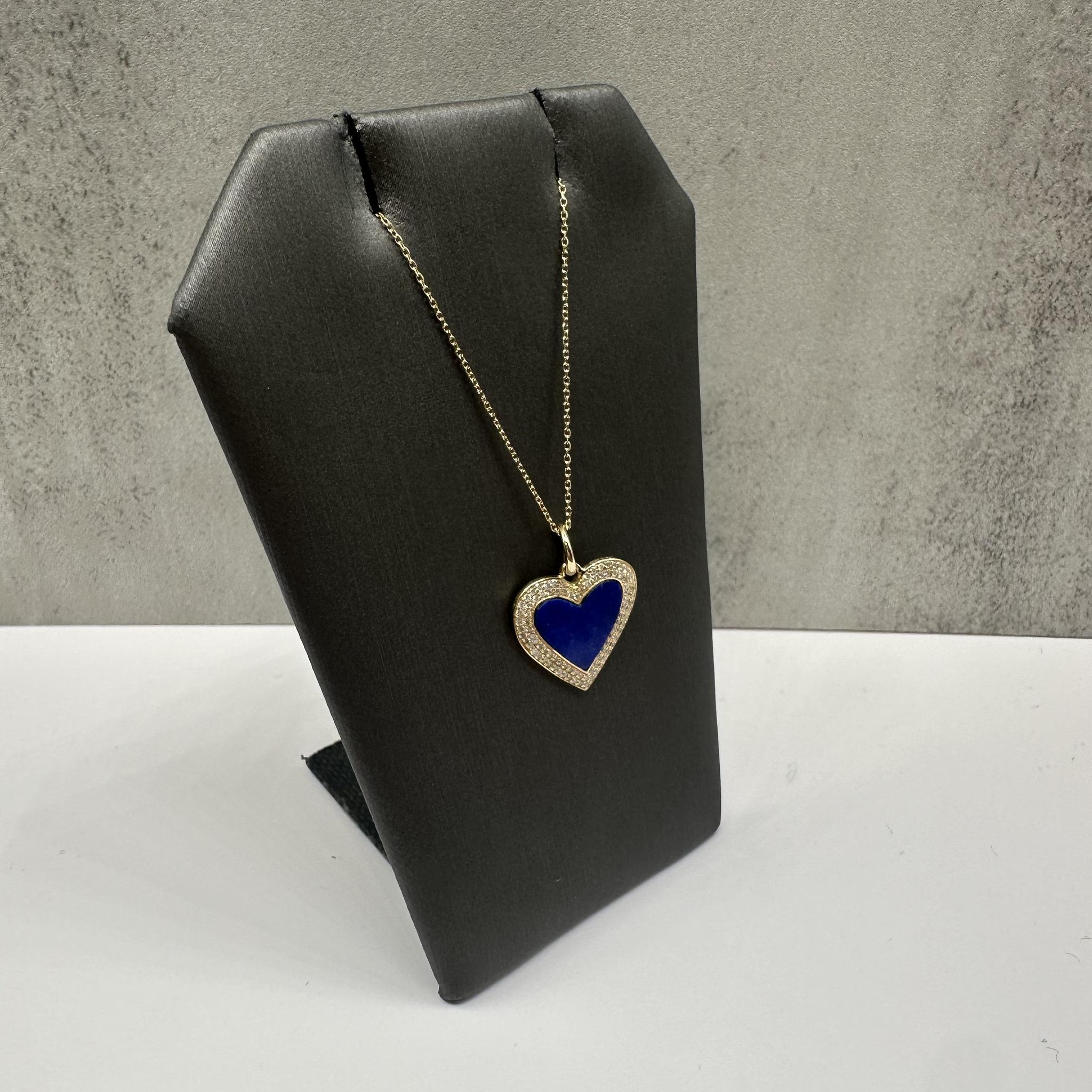 Diamond Lapis Heart Pendant Necklace 14K Yellow Gold 18in New