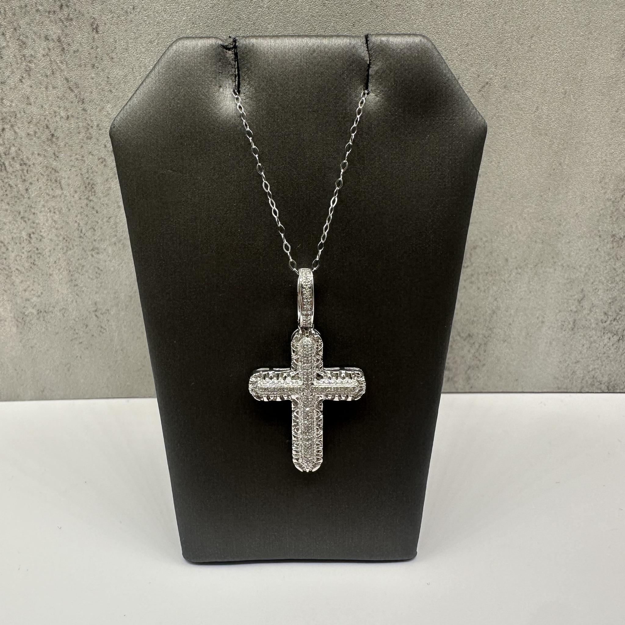 Diamond Cross Pendant Necklace 14K White Gold 0.24ctw 18in New