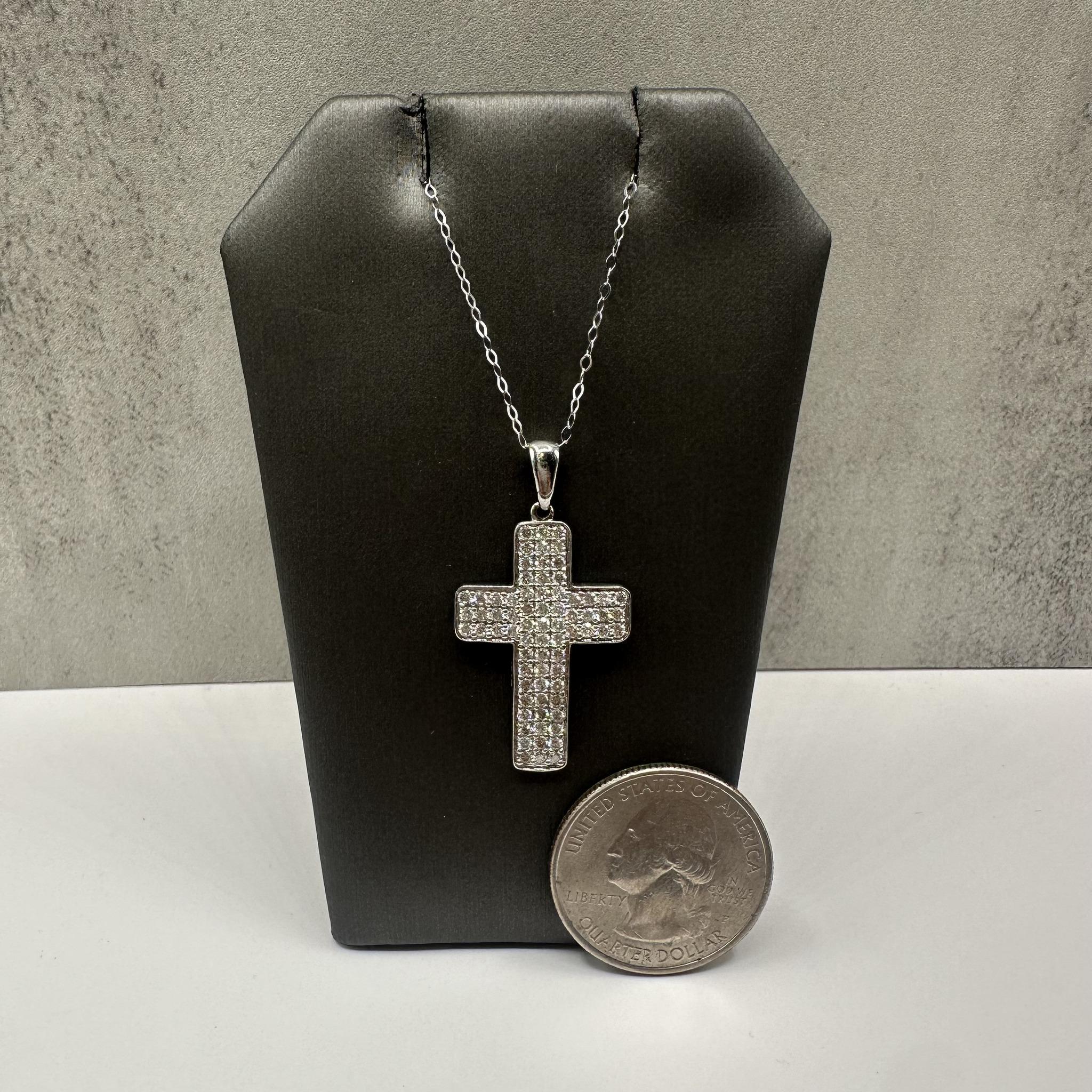 Pavé Natural Diamond Cross Necklace in 14kt White Gold – 1.03ctw, 18in, New