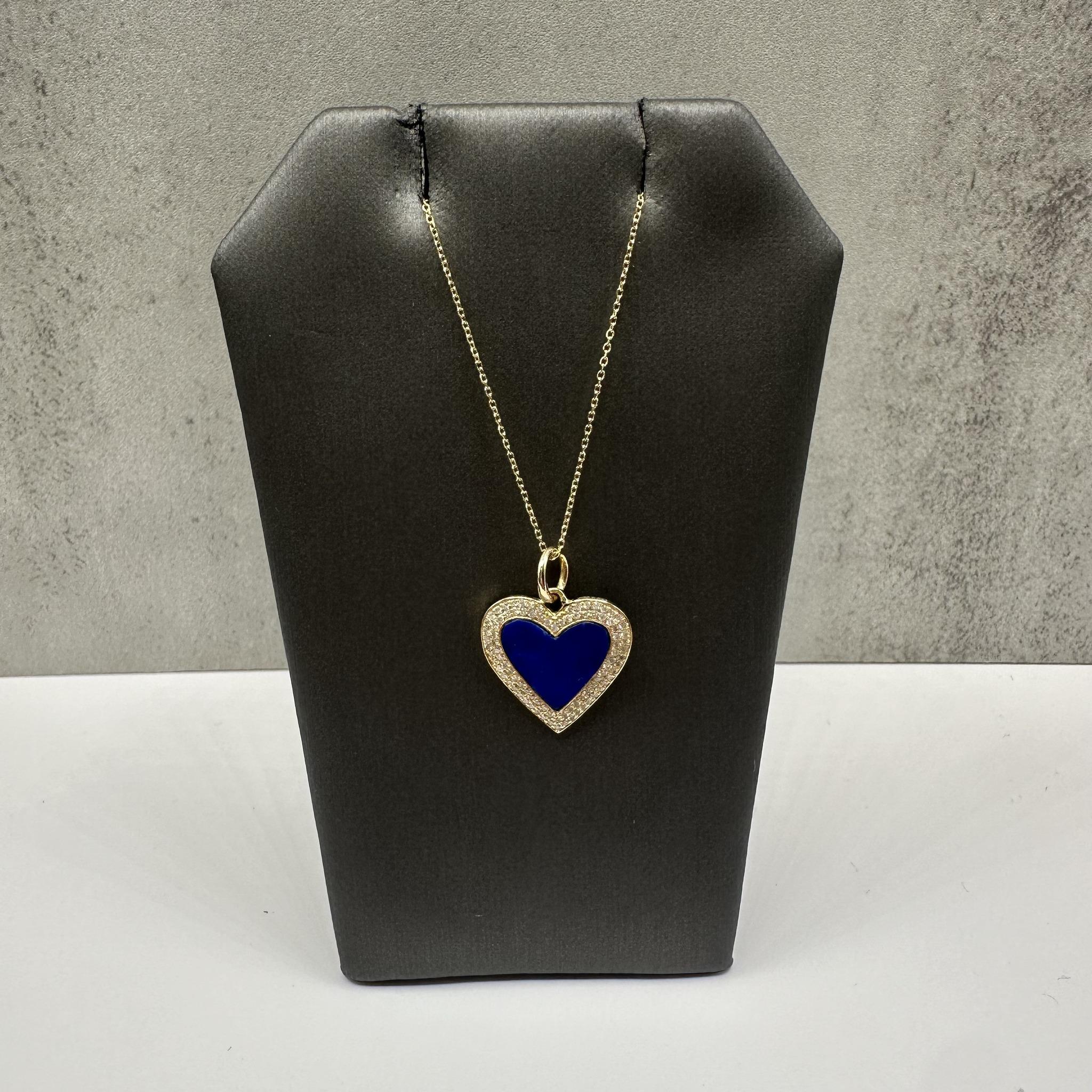 Diamond Lapis Heart Pendant Necklace 14K Yellow Gold 18in New