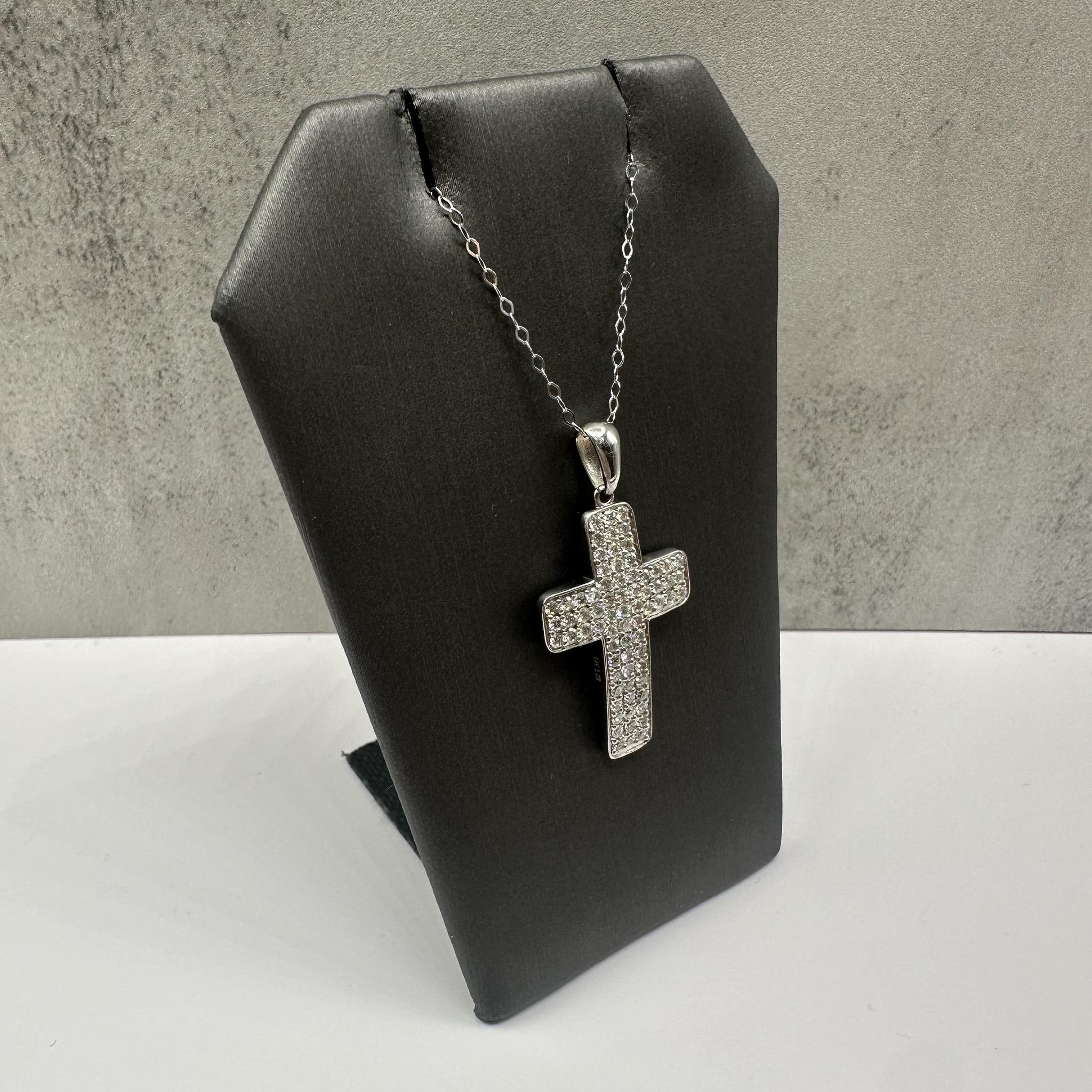 Pavé Natural Diamond Cross Necklace in 14kt White Gold – 1.03ctw, 18in, New