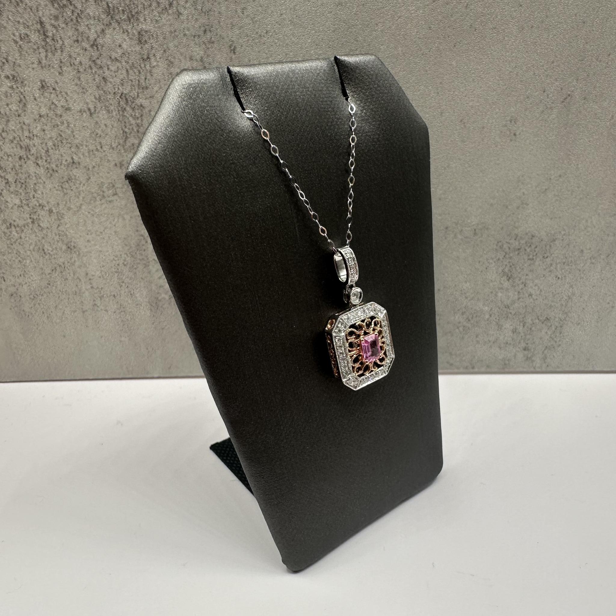 Pink Sapphire Diamond Necklace 14K White Gold 18in Pre Loved