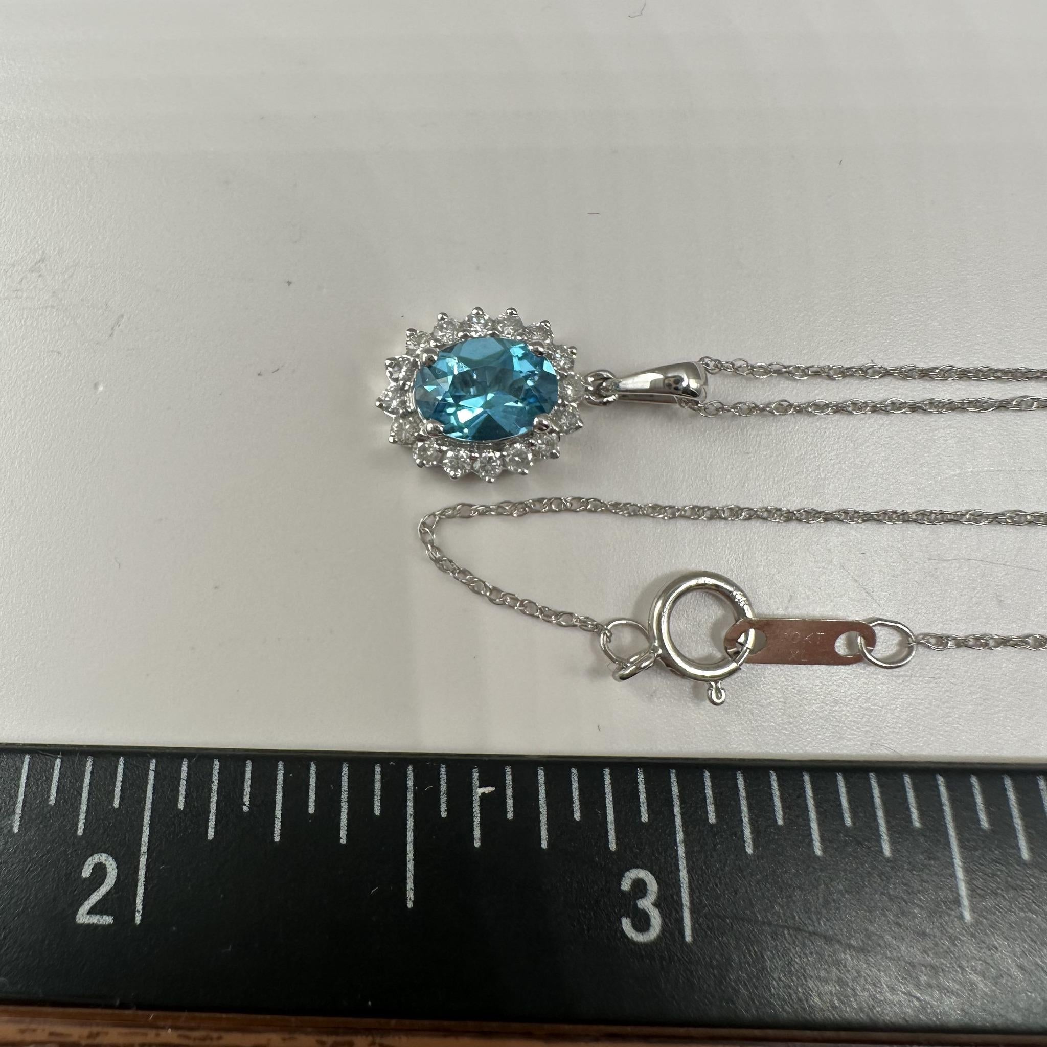 Oval Blue Topaz Diamond Necklace 10K White Gold 18in New
