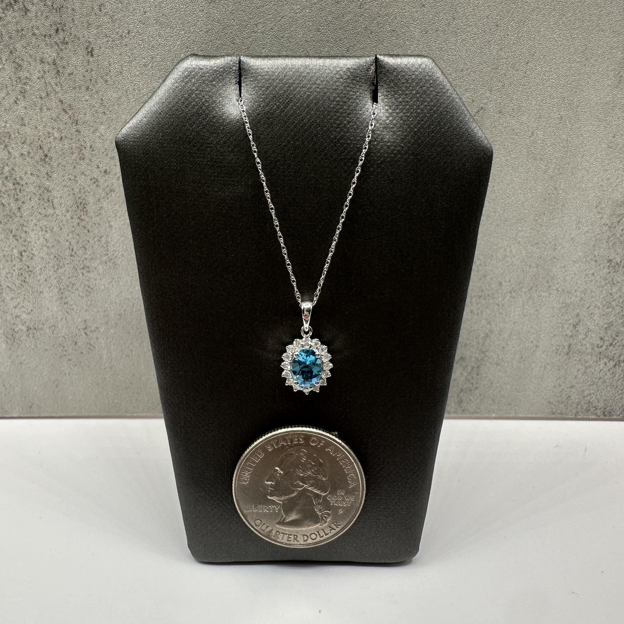 Oval Blue Topaz Diamond Necklace 10K White Gold 18in New