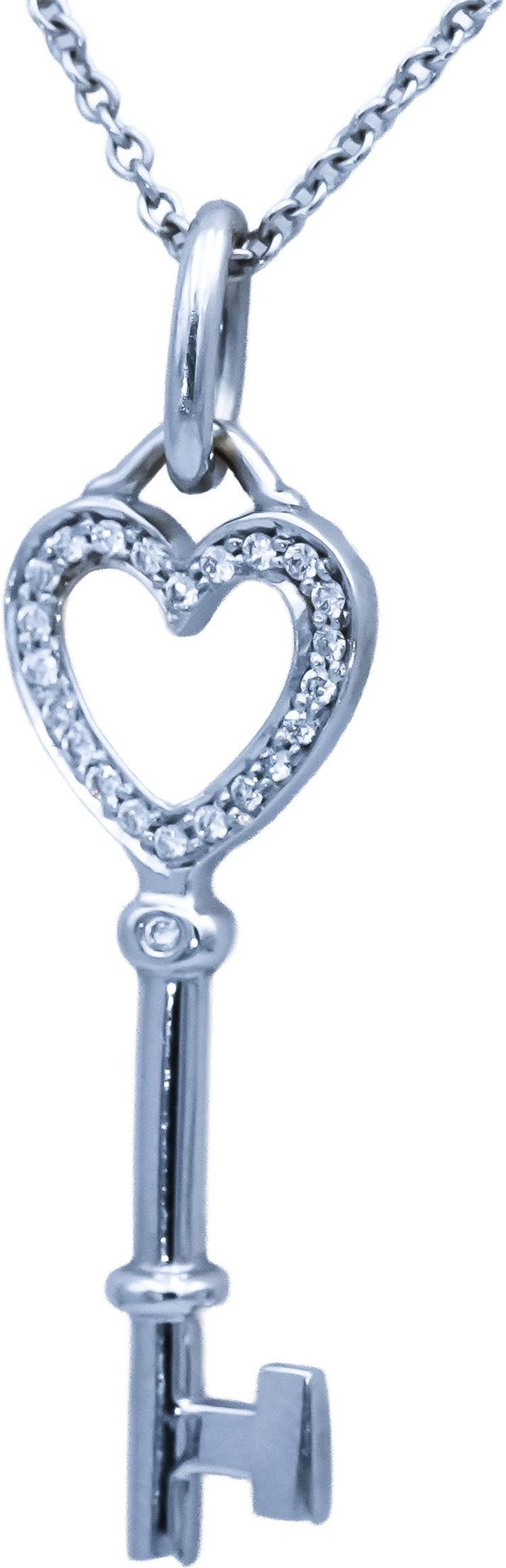 TIFFANY & CO. 18k White Gold VS Round Diamond Heart Key Pendant Necklace 0.12CT