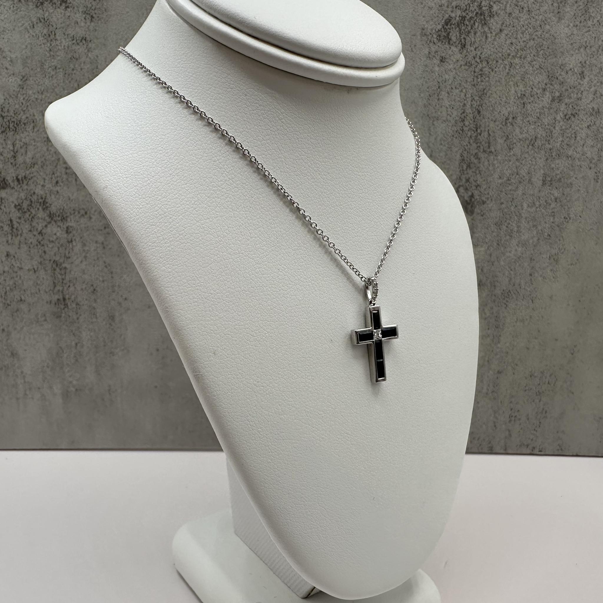 Effy 14K White Gold Sapphire Diamond Cross Necklace 0.78ct 18in
