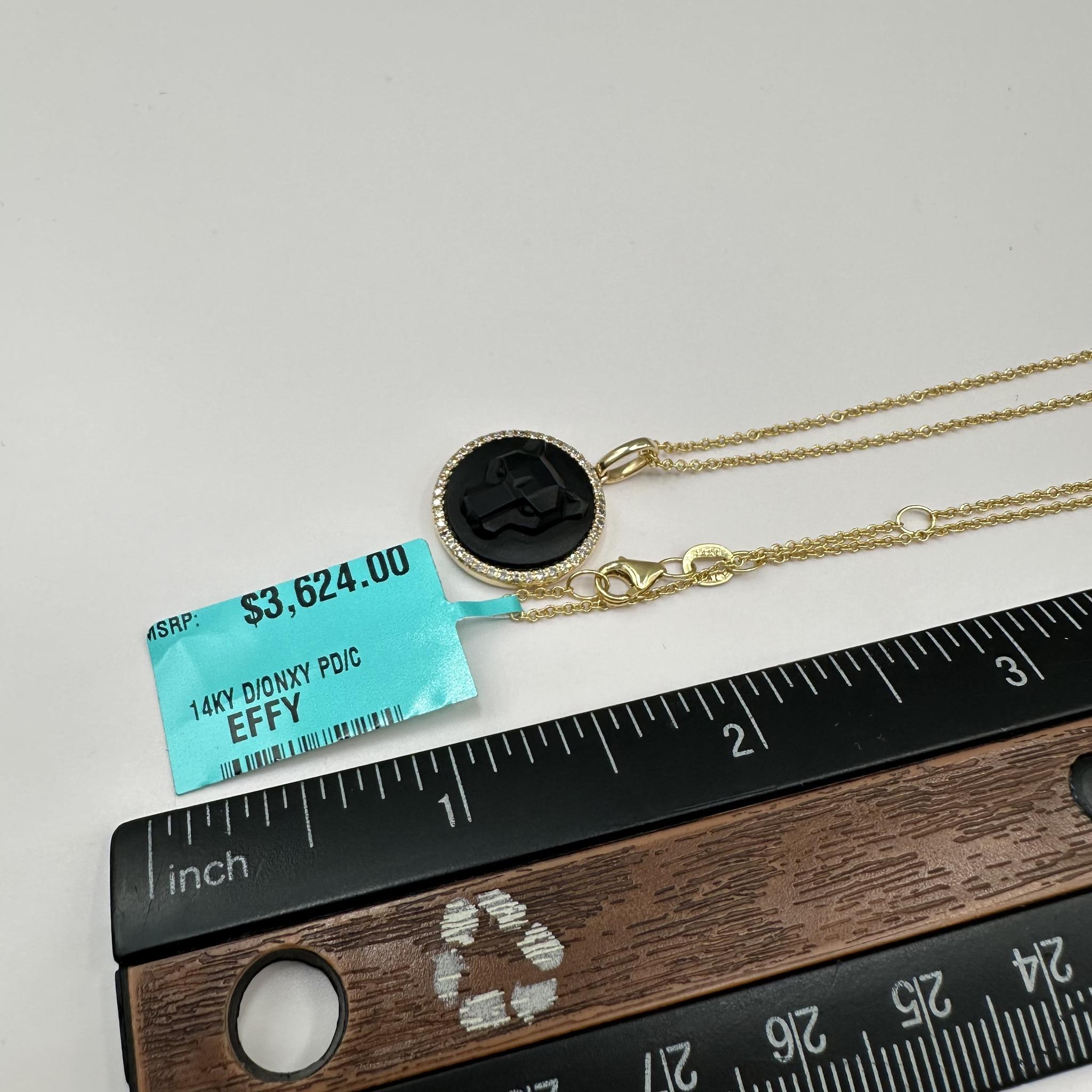 Effy 14K Yellow Gold Carved Onyx Diamond Necklace 0.16ct NWT 18”