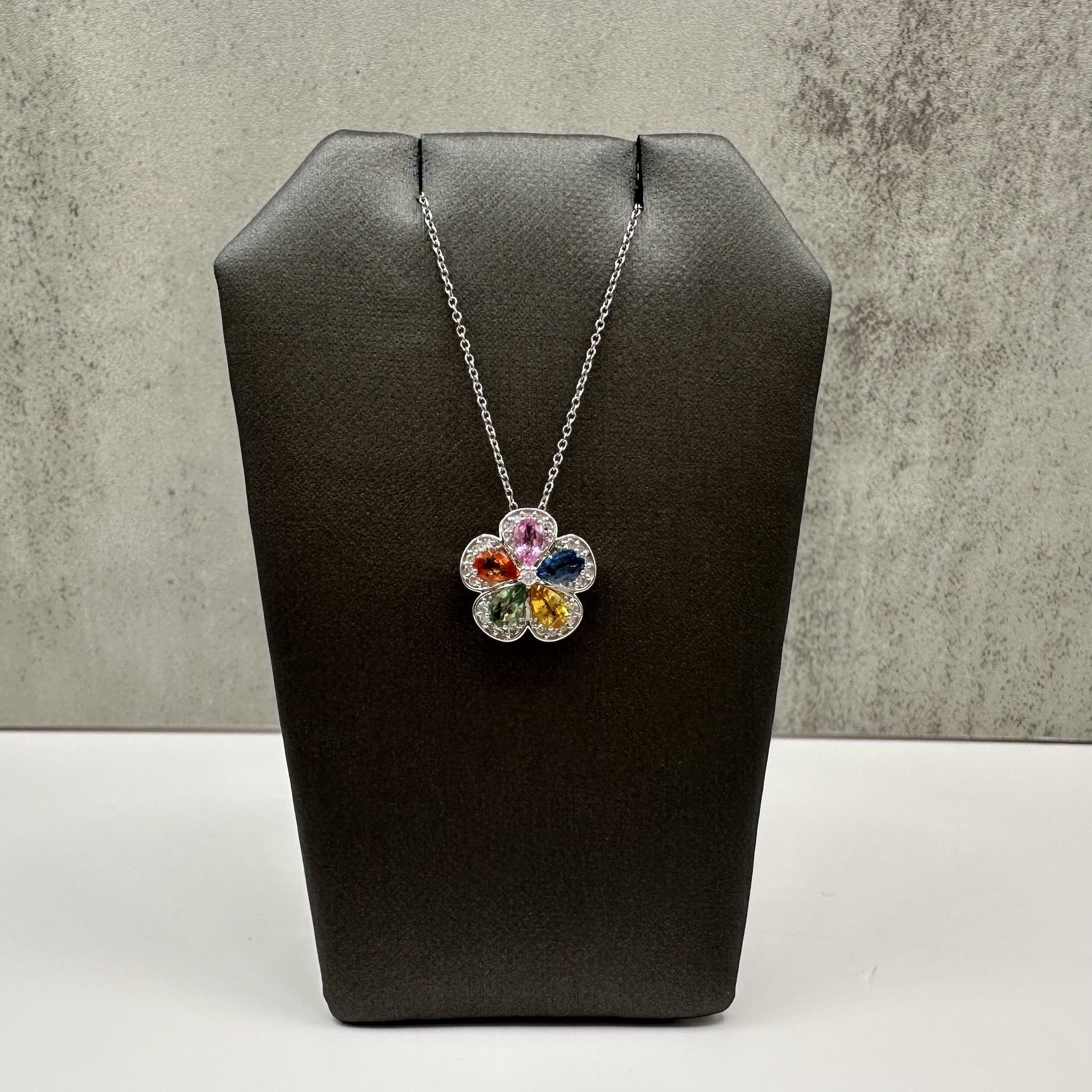 14K White Gold Multicolor Sapphire Diamond Flower Necklace 1.50ctw 18 Inch