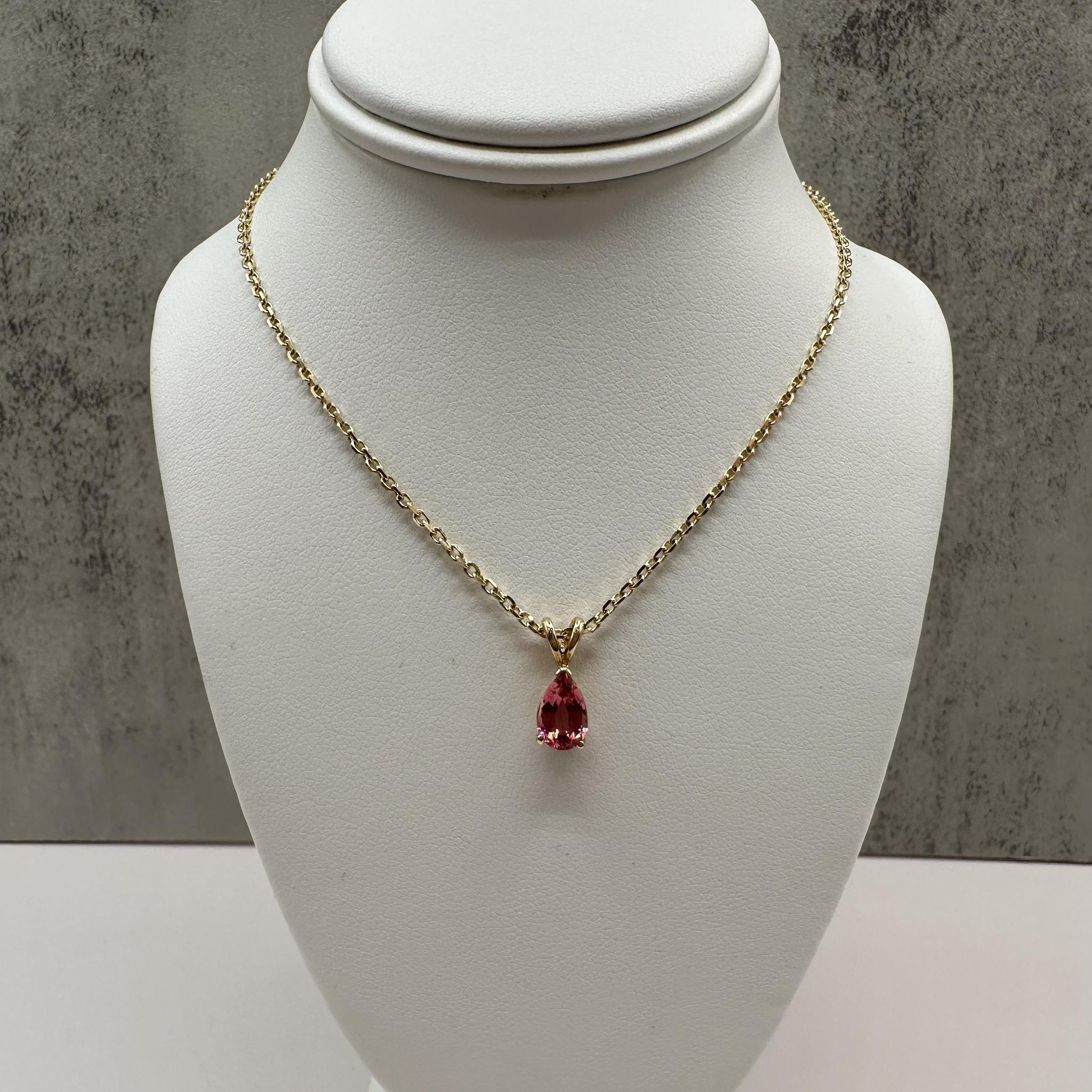 14K Yellow Gold Pink Tourmaline Solitaire Necklace 0.91ct 16in
