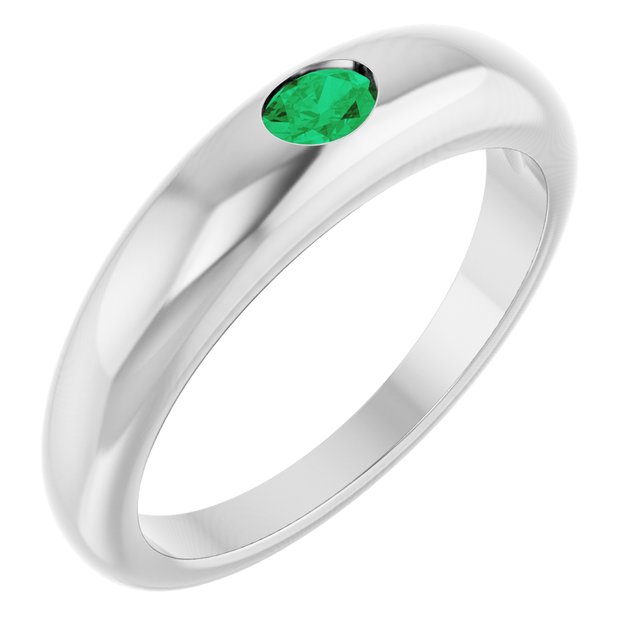 14K White Natural Emerald Dome Ring