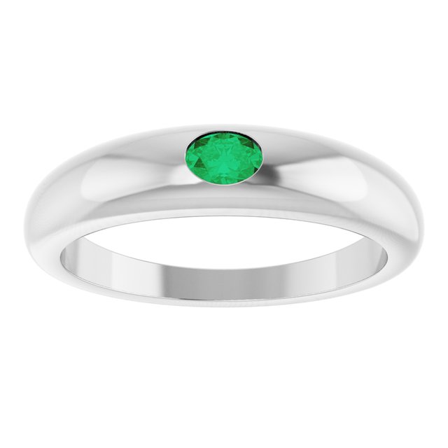 14K White Natural Emerald Dome Ring