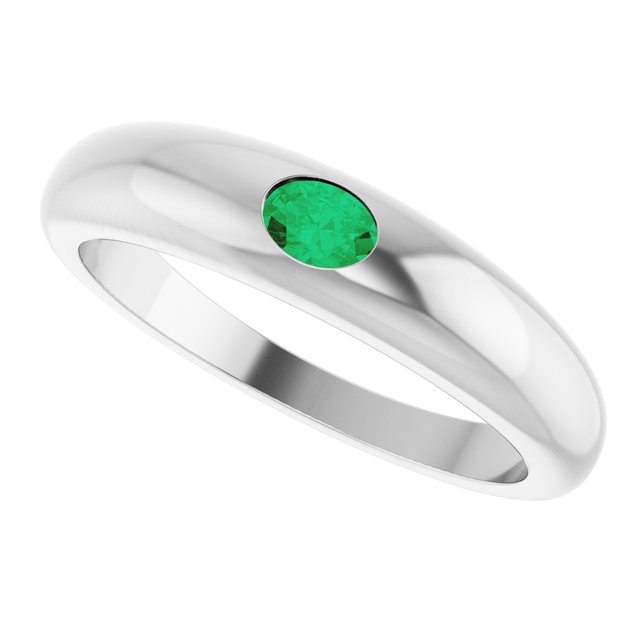 14K White Natural Emerald Dome Ring