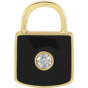 .035 CT Natural Diamond & Black Enamel Lock Charm/Pendant