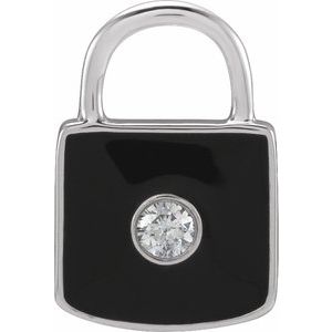 .035 CT Natural Diamond & Black Enamel Lock Charm/Pendant