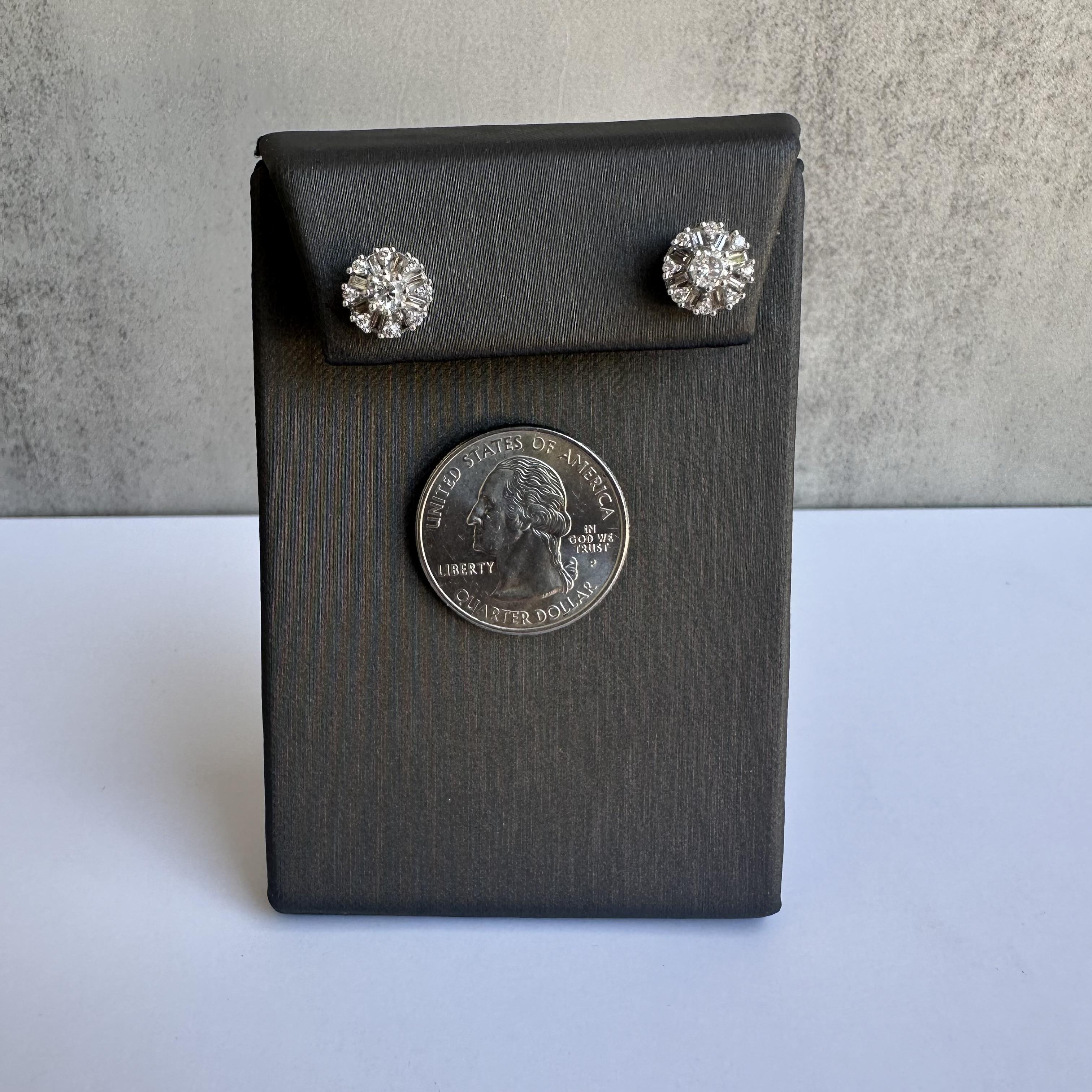 Round Baguette Diamond Stud Earrings 10K White Gold 0.75ctw