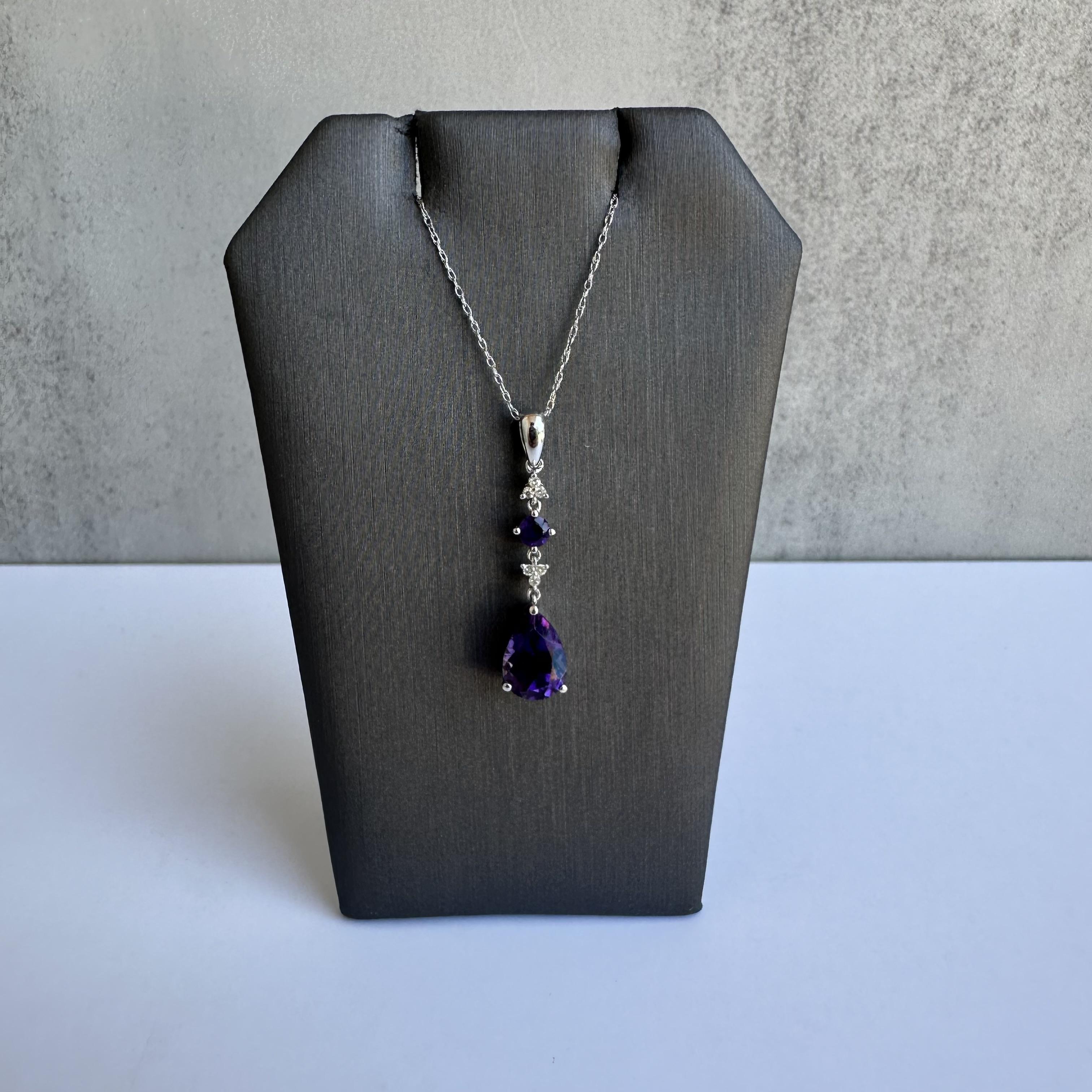 Amethyst Diamond Necklace 10K White Gold Pear Cut 10x7mm New