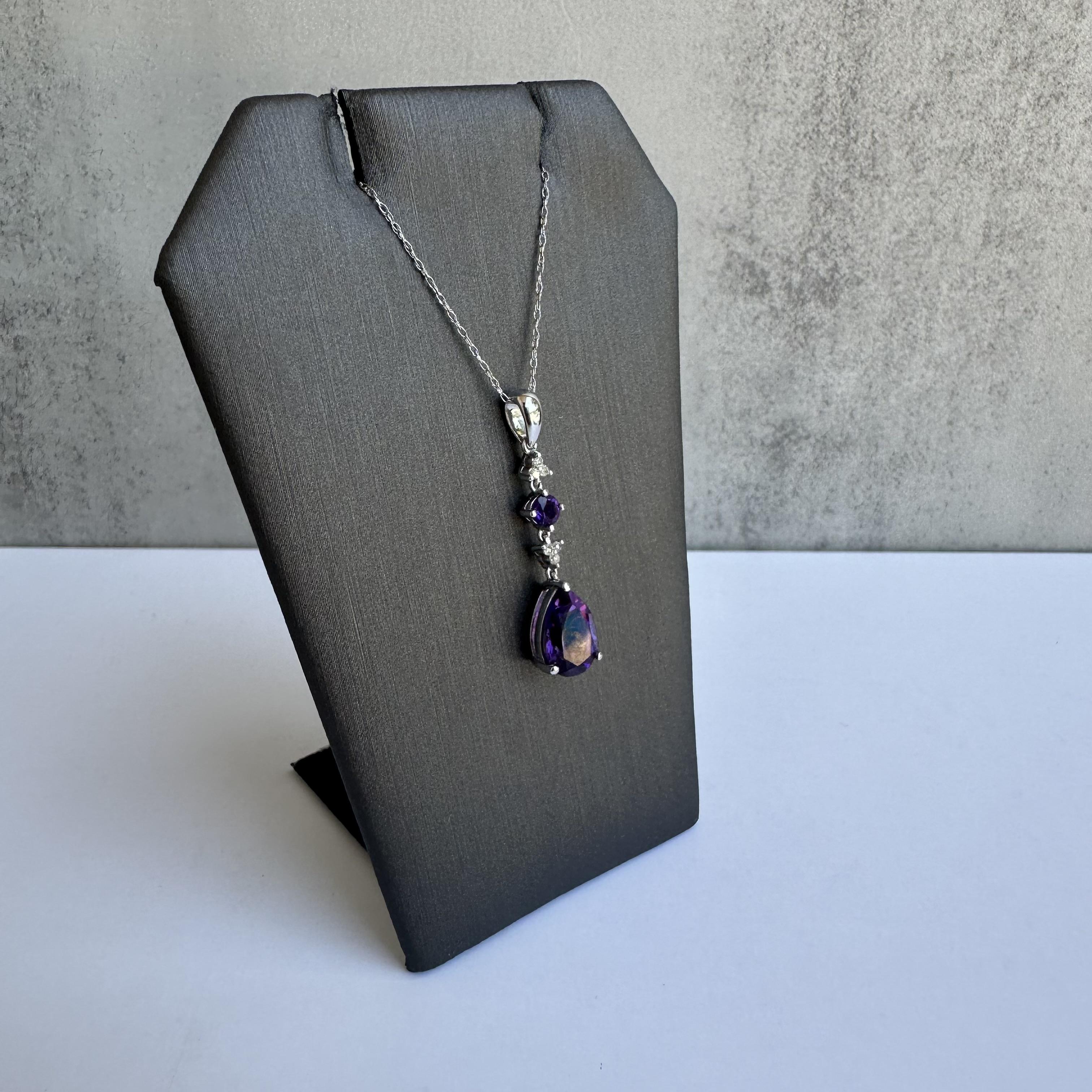 Amethyst Diamond Necklace 10K White Gold Pear Cut 10x7mm New