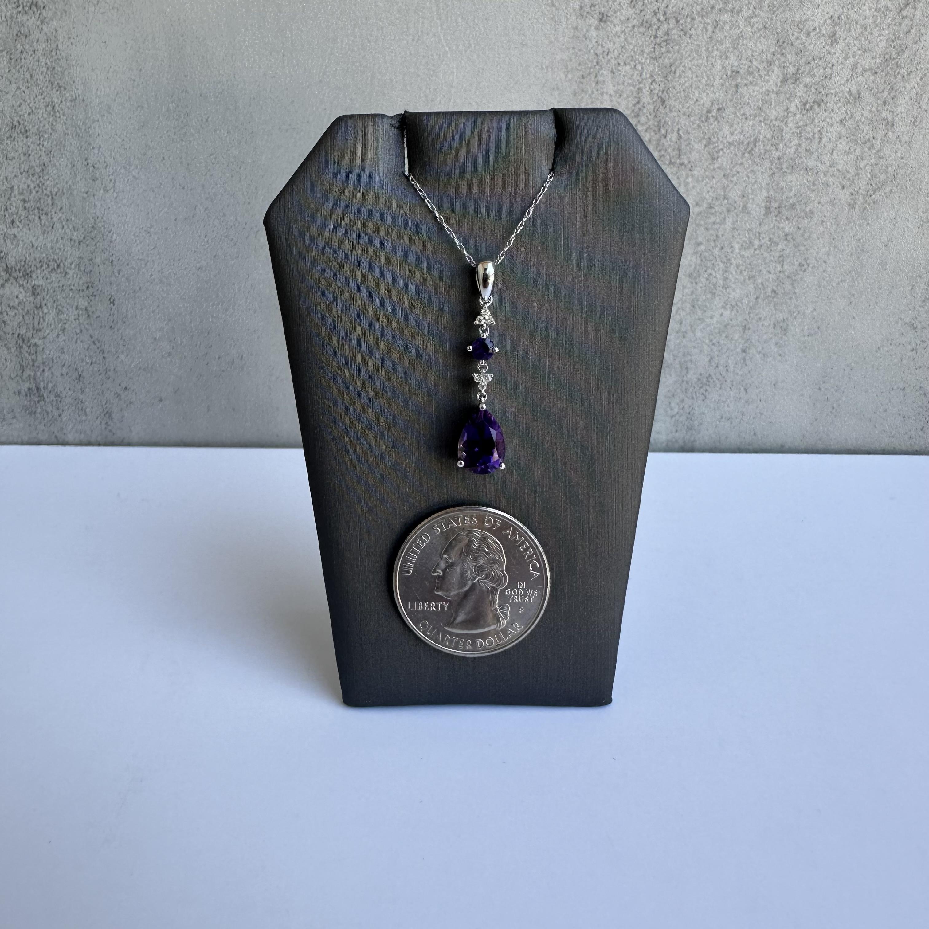Amethyst Diamond Necklace 10K White Gold Pear Cut 10x7mm New