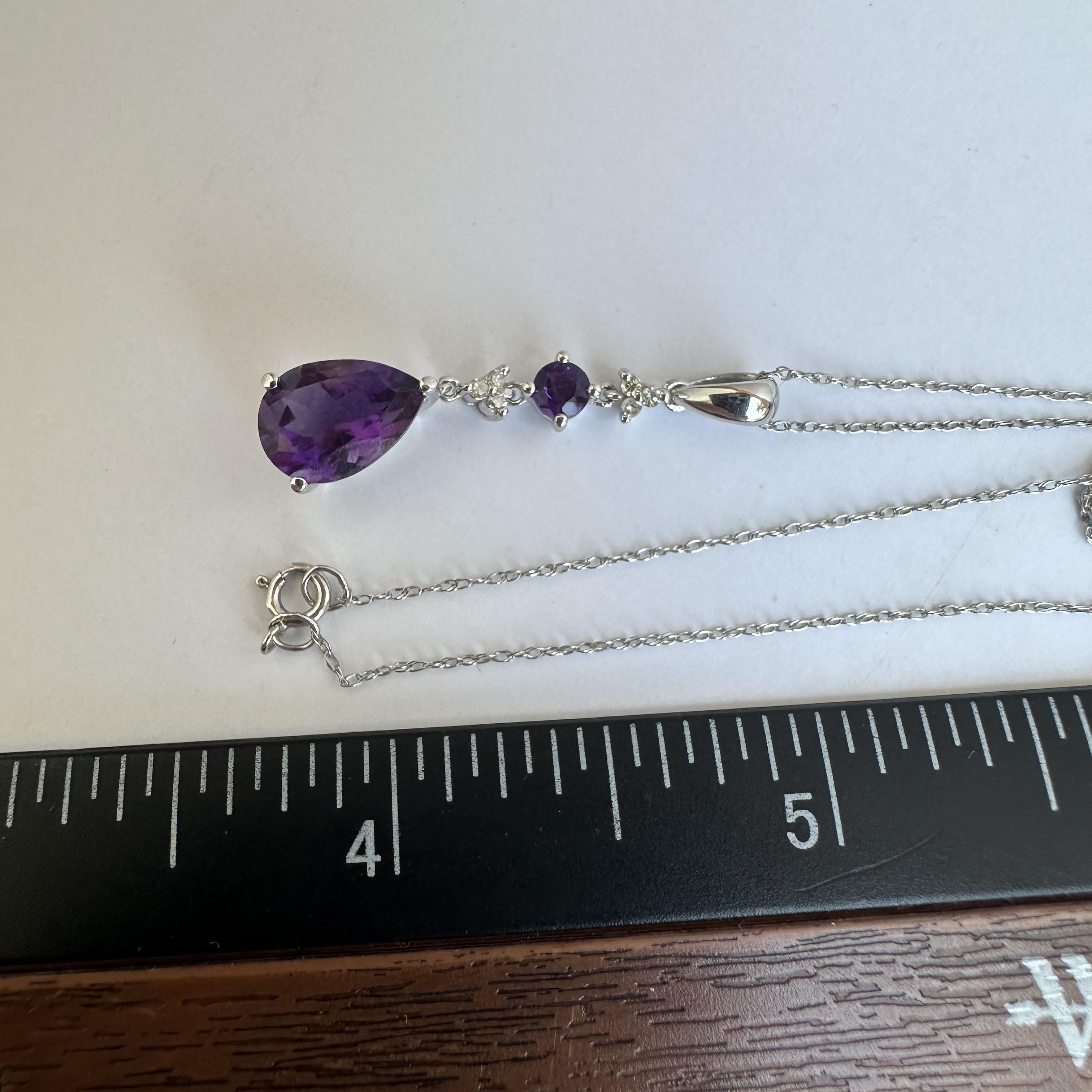 Amethyst Diamond Necklace 10K White Gold Pear Cut 10x7mm New