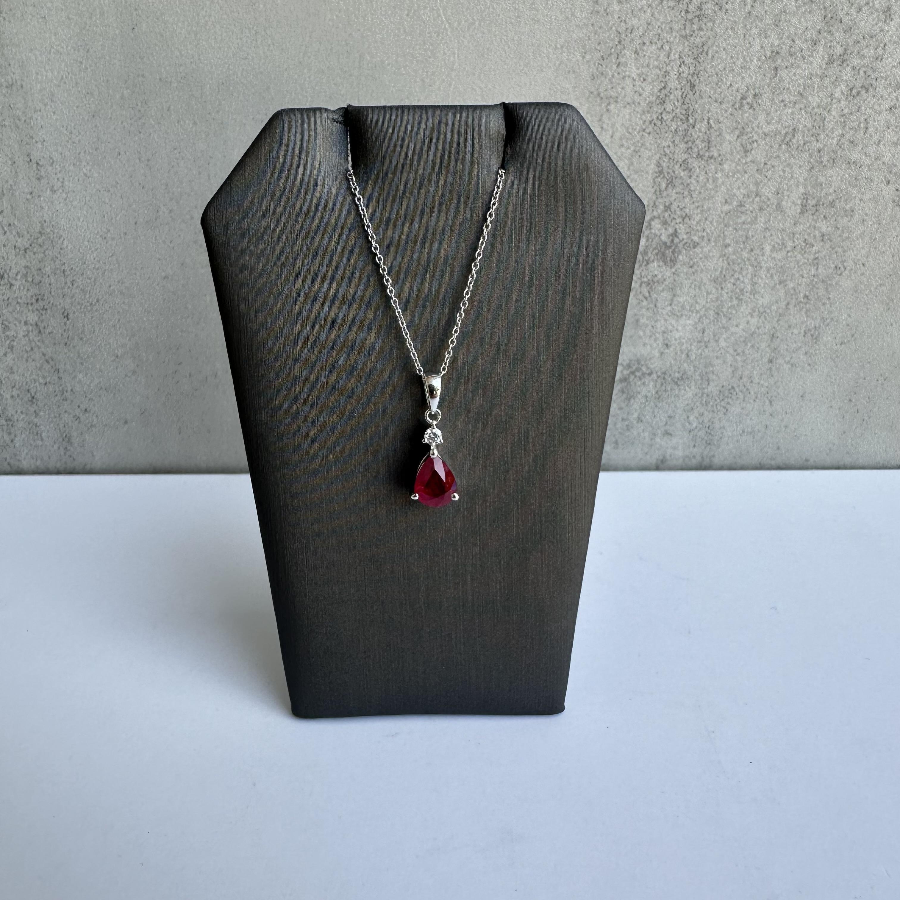 Appraised Ruby and Diamond Necklace in 18kt White Gold - 1.22ctw Pear Ruby, New