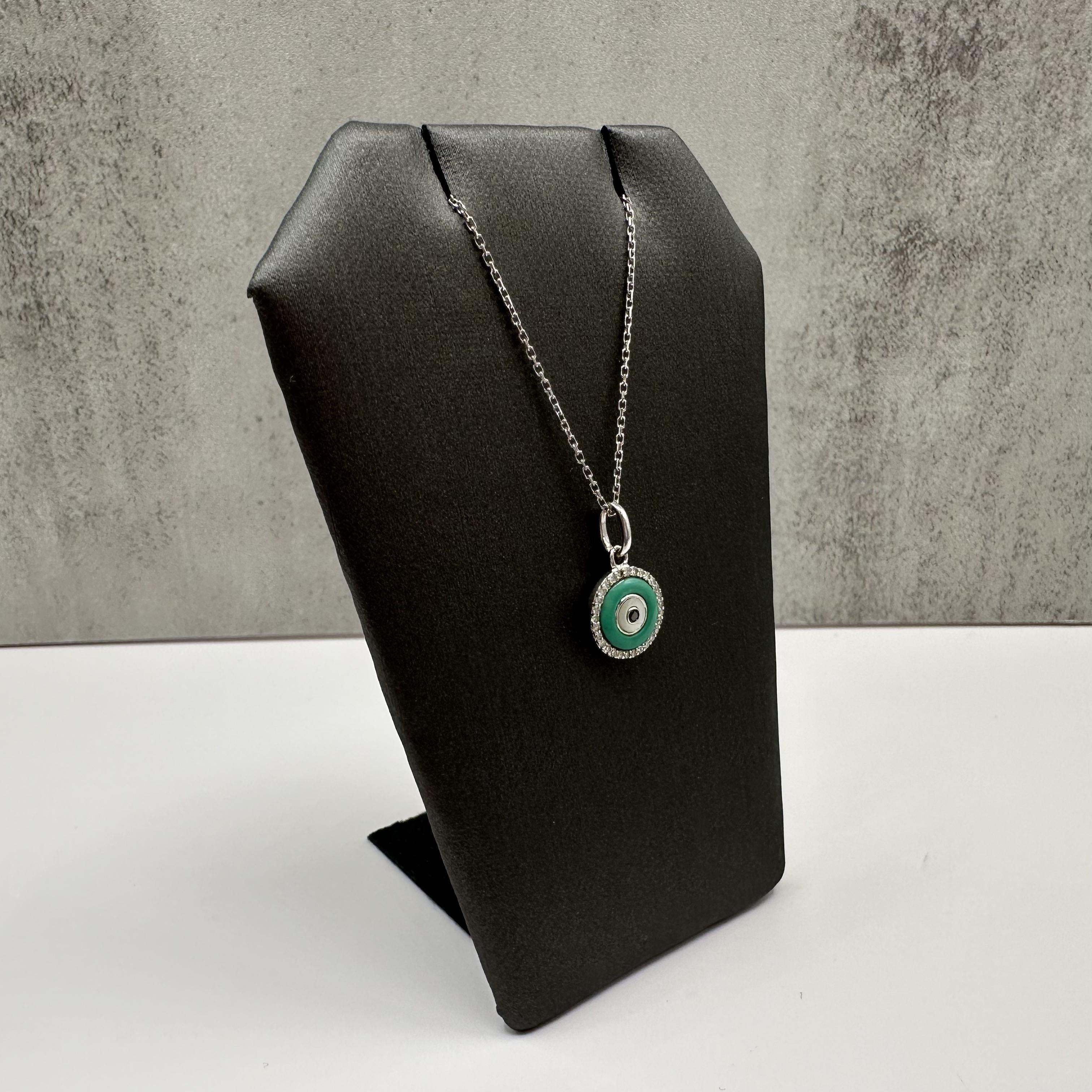 14K White Gold Diamond Evil Eye Necklace 0.10ct Enamel 18.5in