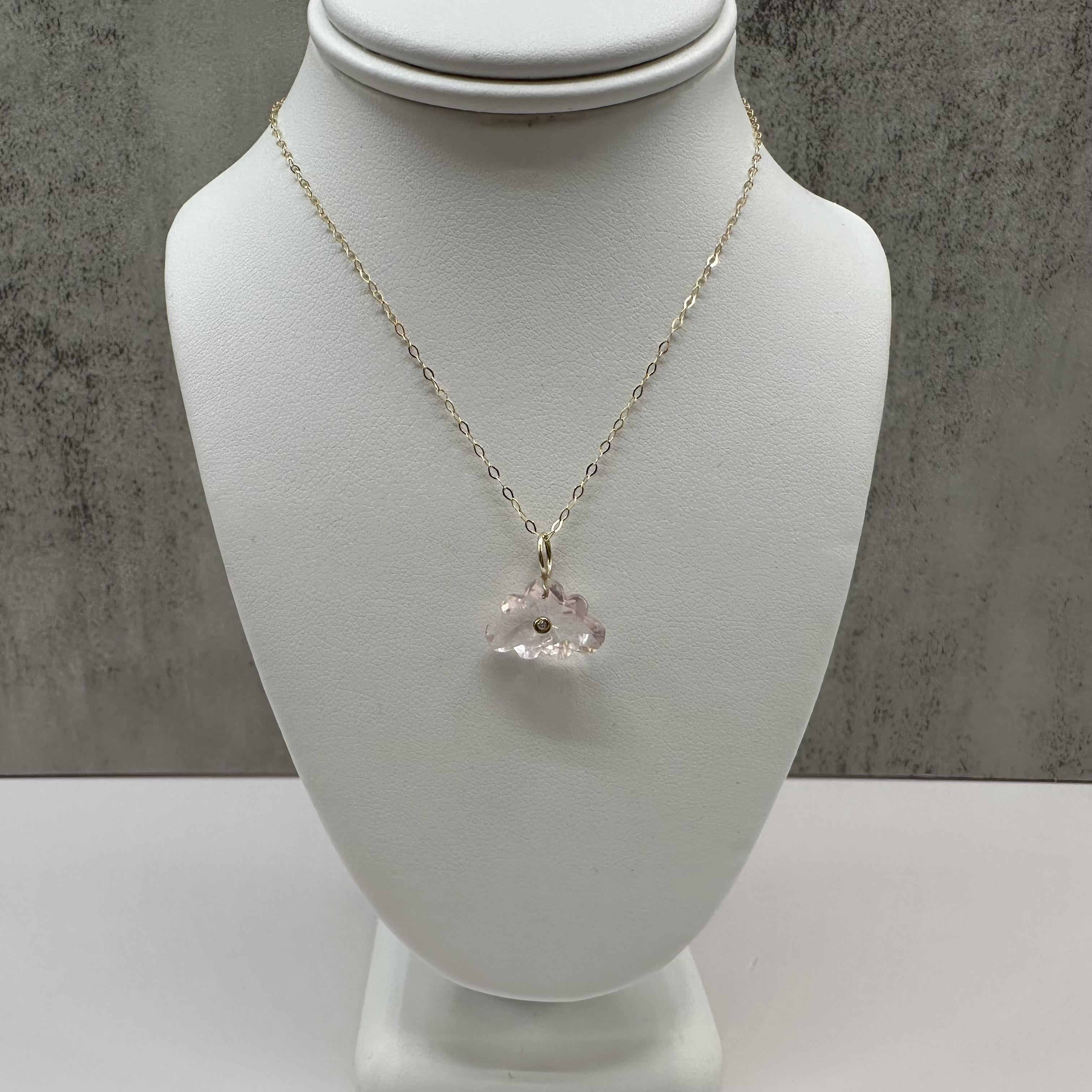 14K Yellow Gold Rose Quartz Diamond Cloud Necklace 18 Inch