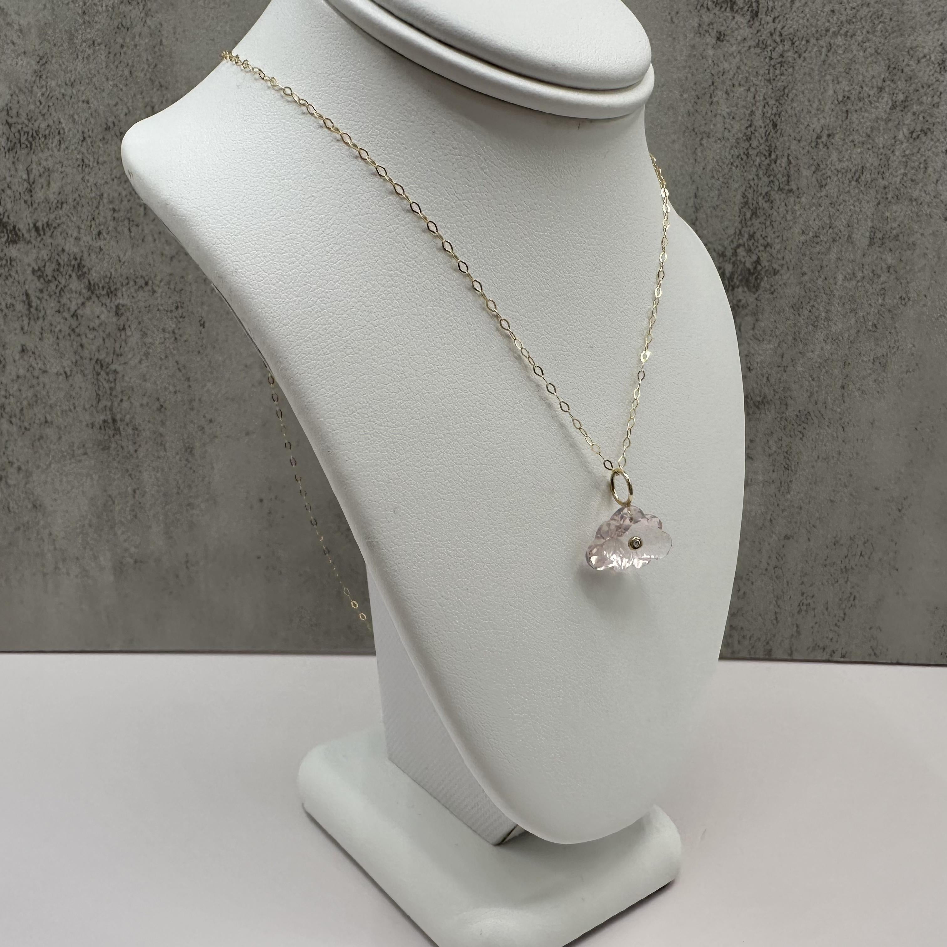 14K Yellow Gold Rose Quartz Diamond Cloud Necklace 18 Inch