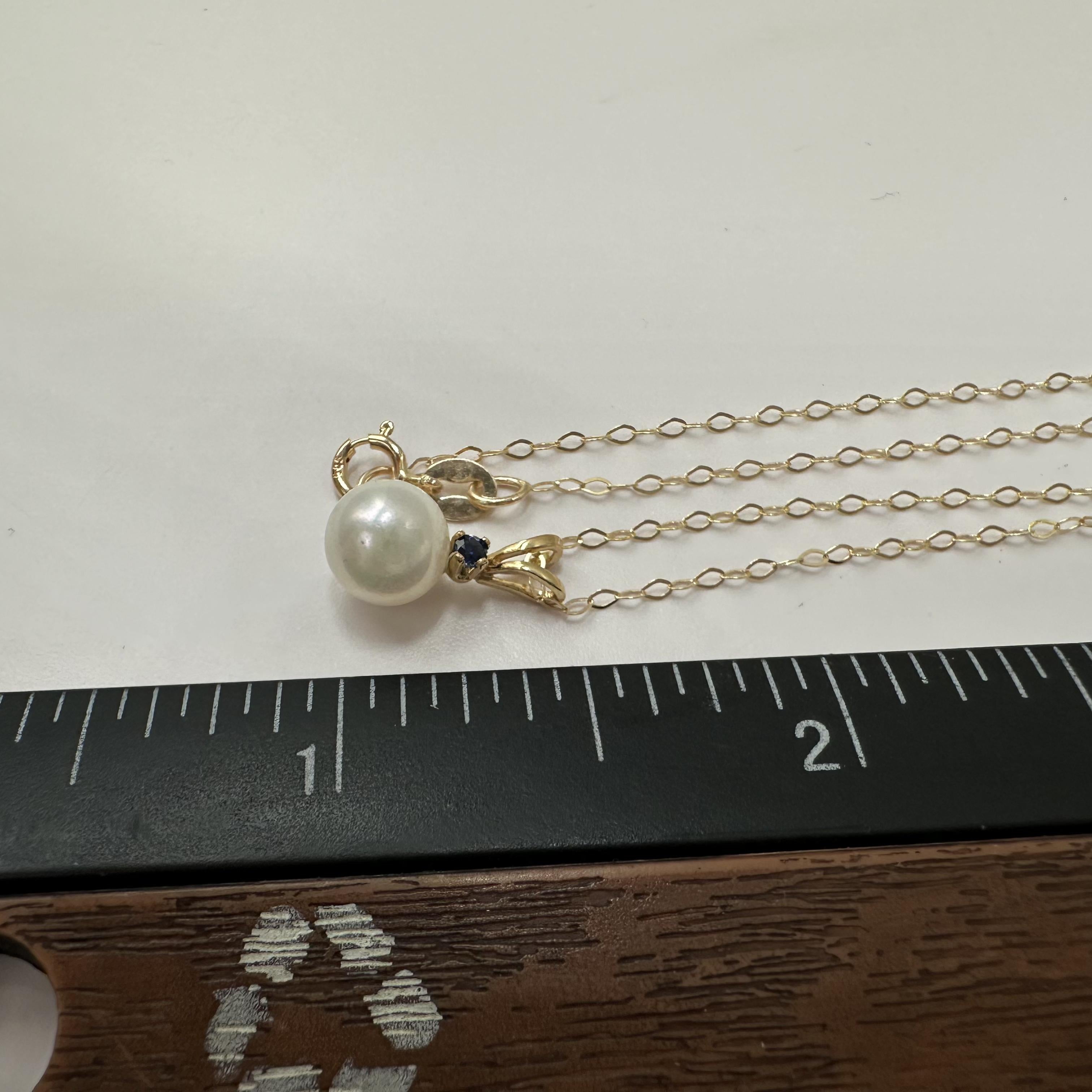 14K Yellow Gold Pearl Sapphire Necklace 6.7mm 18 Inch