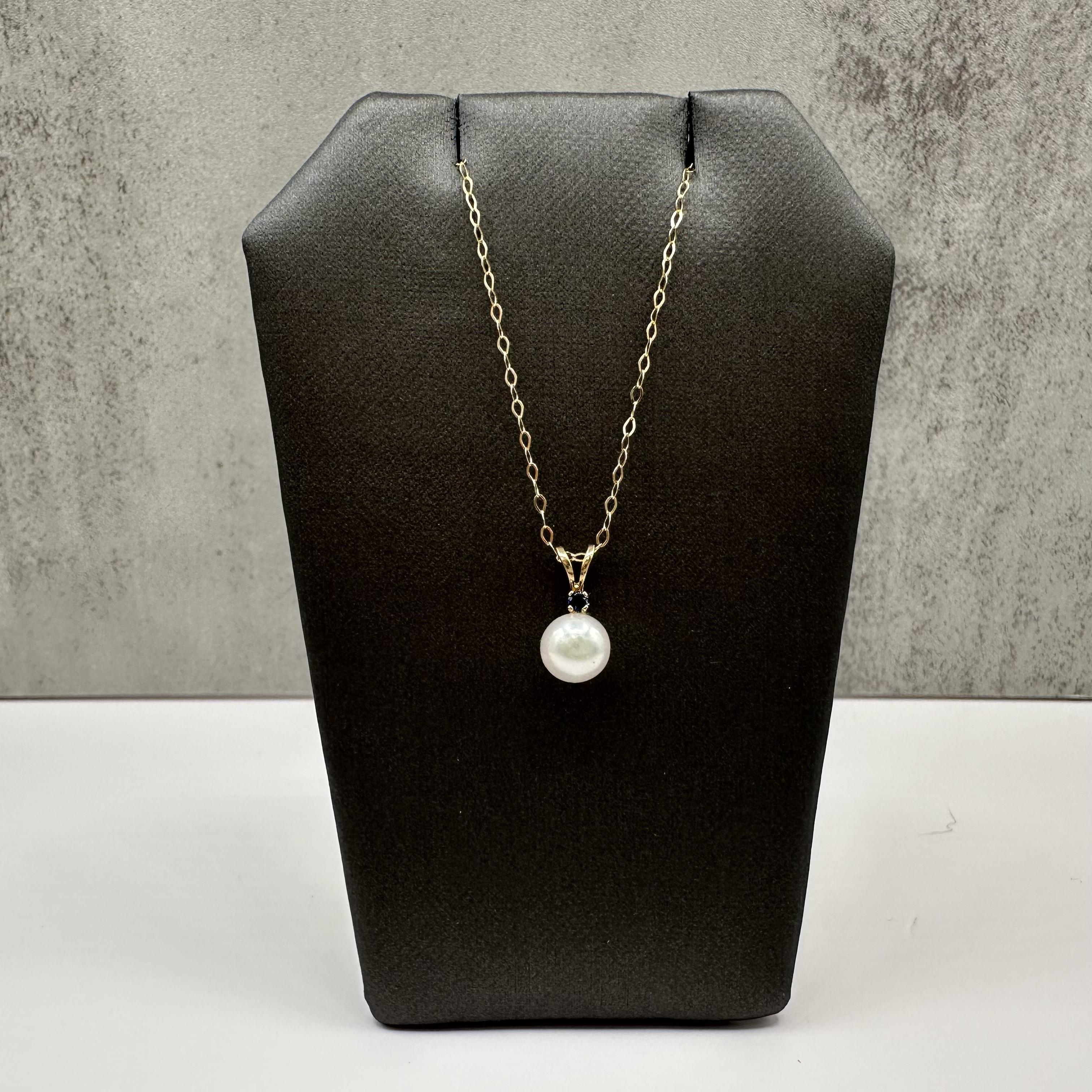 14K Yellow Gold Pearl Sapphire Necklace 6.7mm 18 Inch