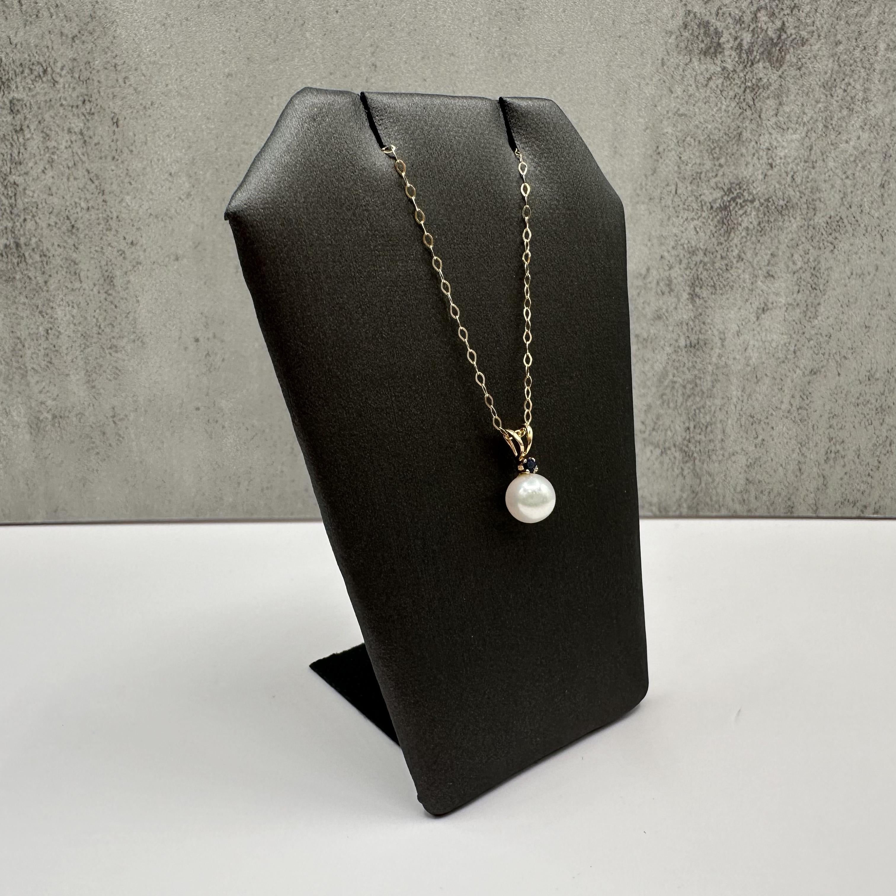 14K Yellow Gold Pearl Sapphire Necklace 6.7mm 18 Inch