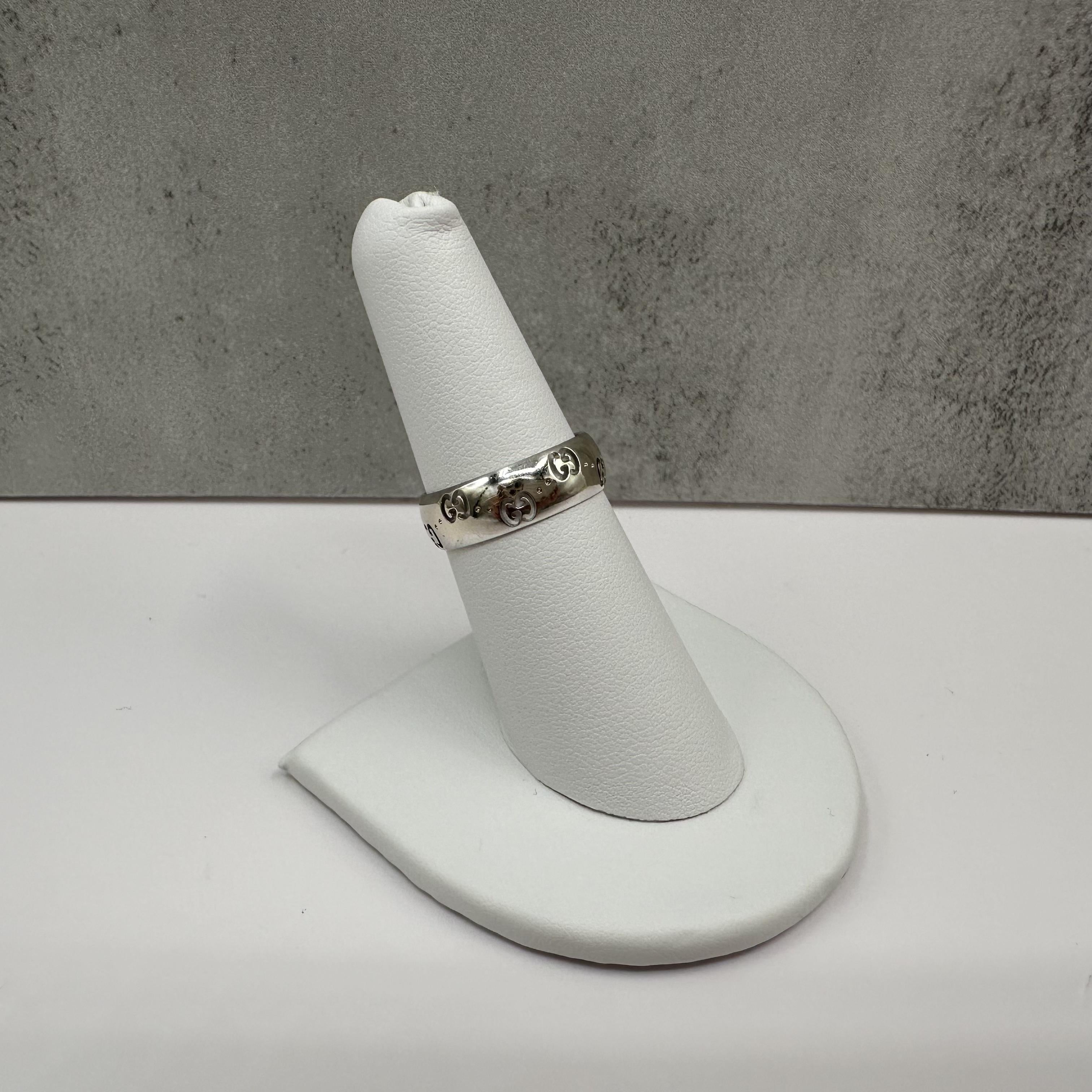 Gucci Icon 18K White Gold GG Wide Ring 6mm Size 6.75
