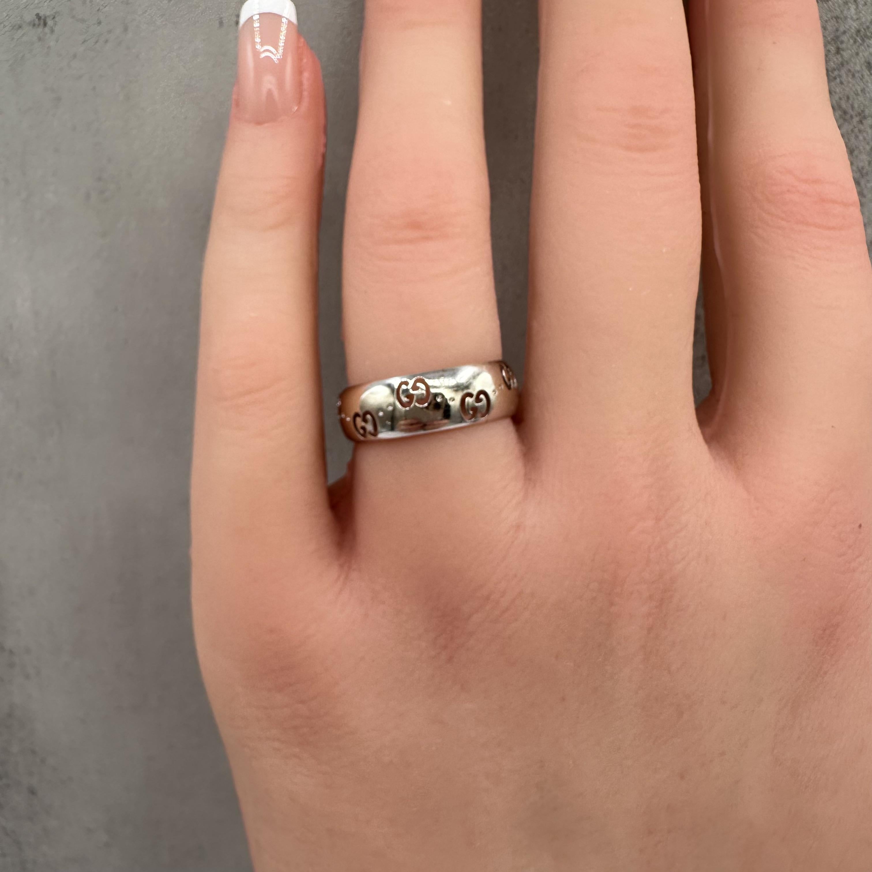 Gucci Icon 18K White Gold GG Wide Ring 6mm Size 6.75