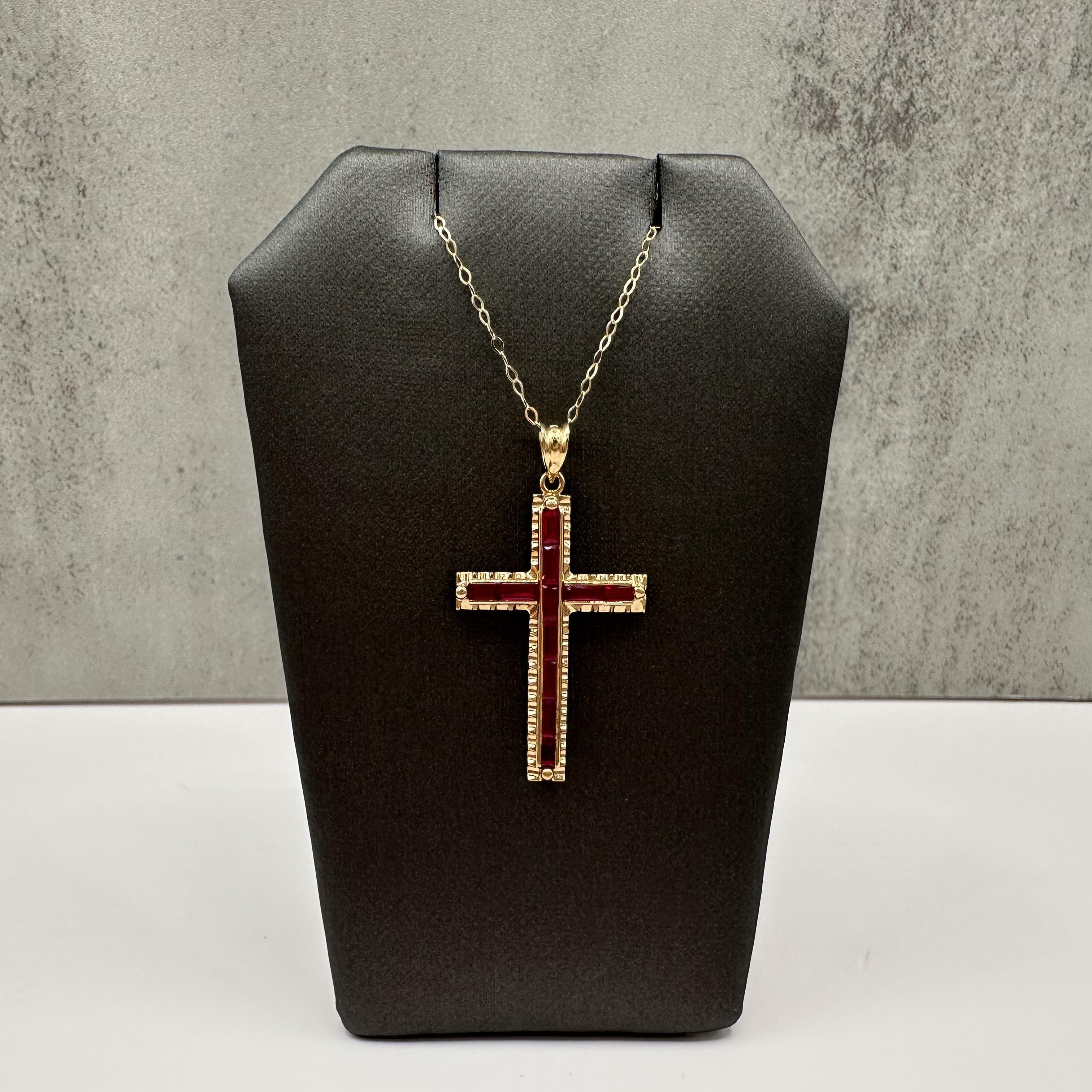 Synthetic Ruby Cross Necklace 14kt Yellow Gold Baguette Cut Estate