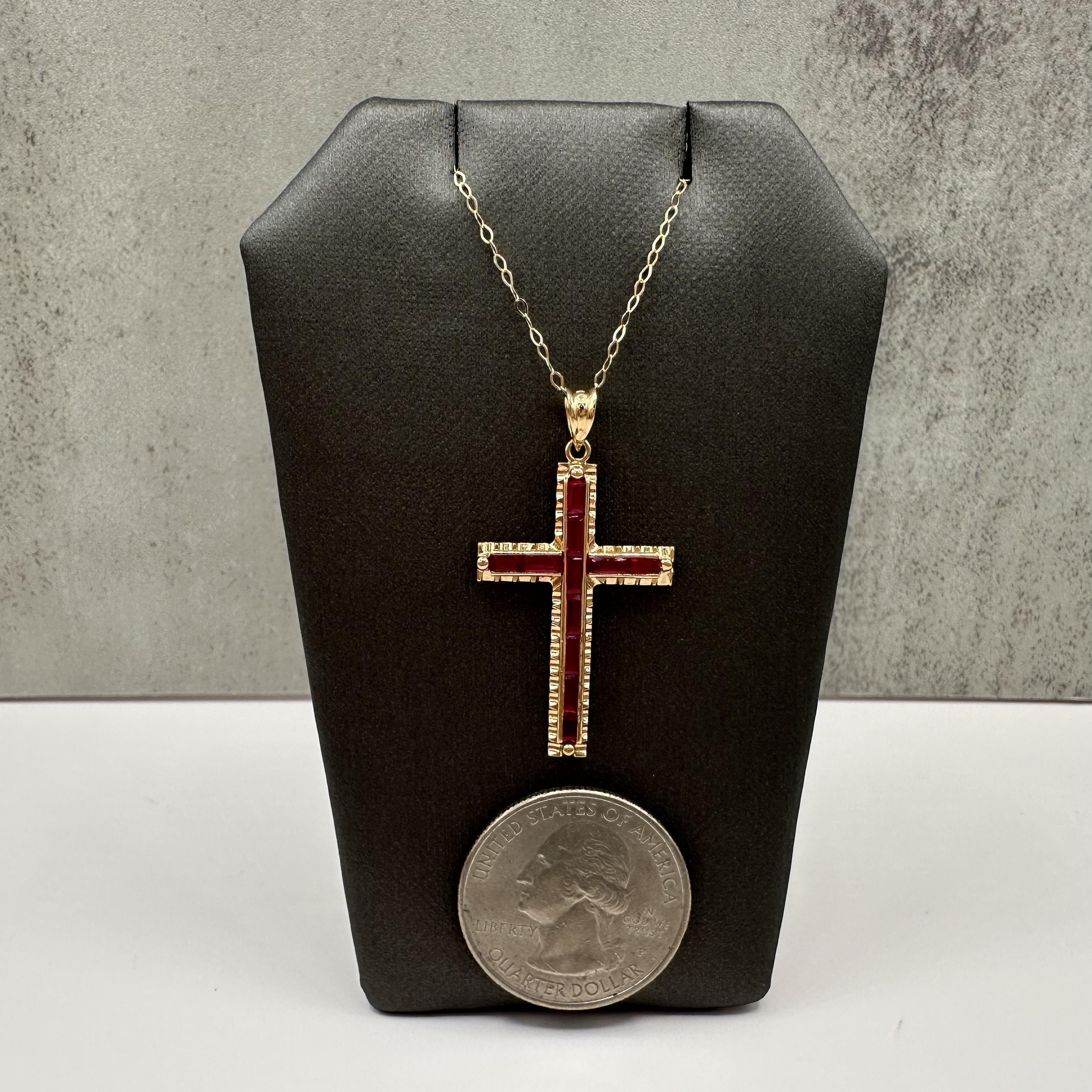 Synthetic Ruby Cross Necklace 14kt Yellow Gold Baguette Cut Estate