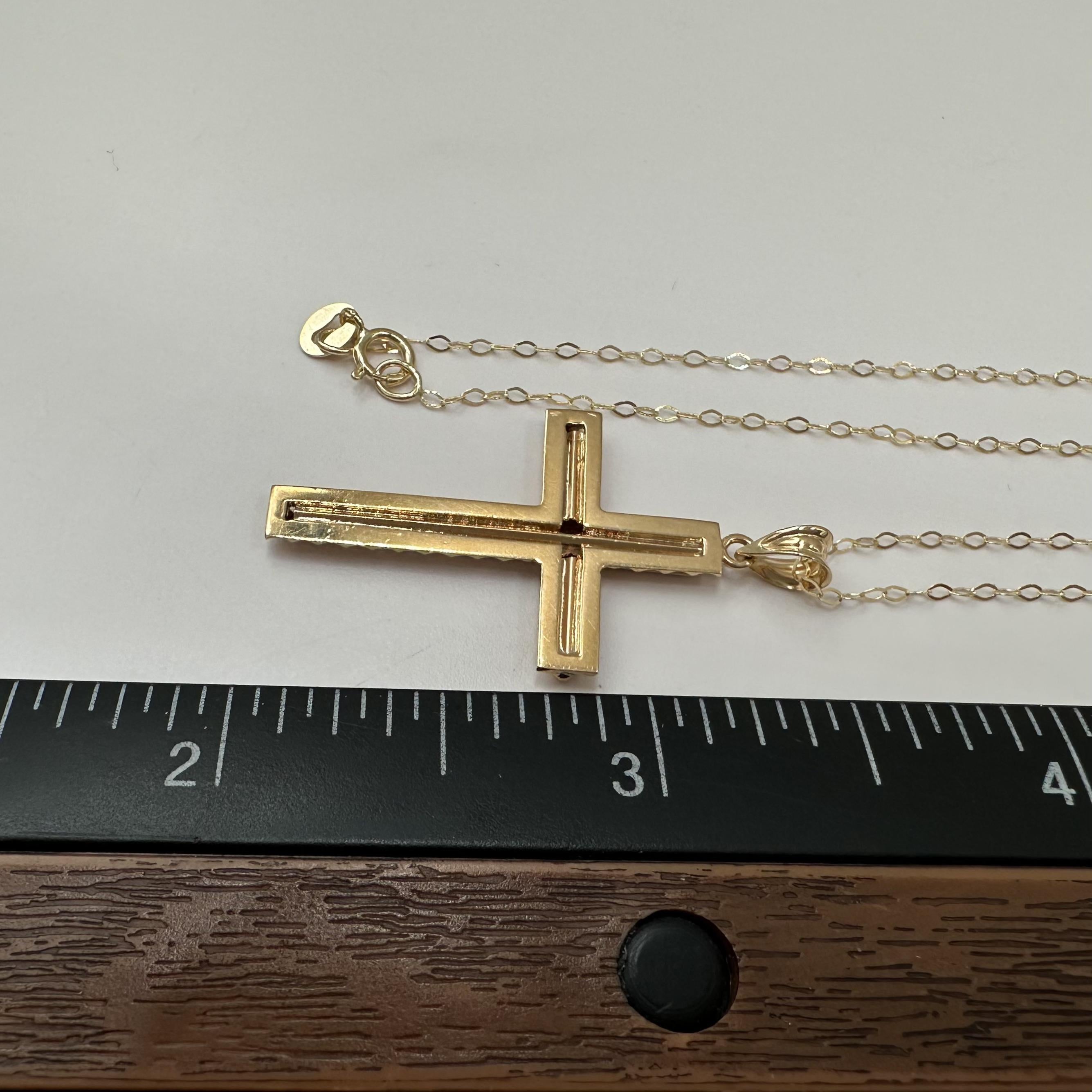 Synthetic Ruby Cross Necklace 14kt Yellow Gold Baguette Cut Estate