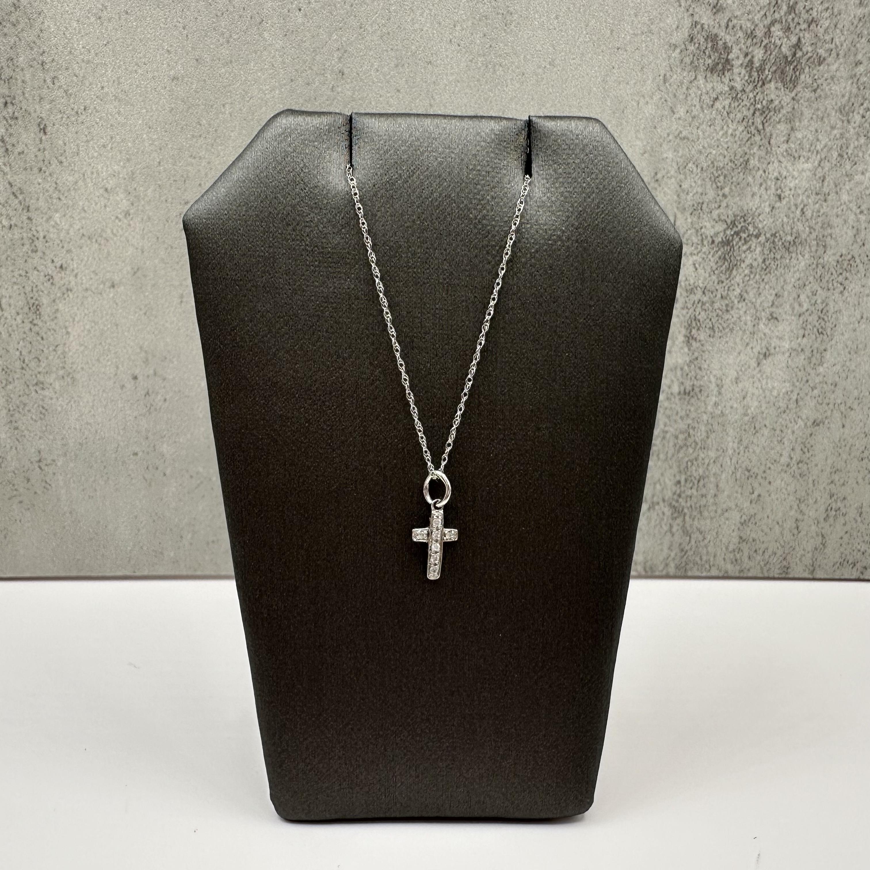 10K White Gold Petite Diamond Cross Necklace 0.03ct 18 Inch