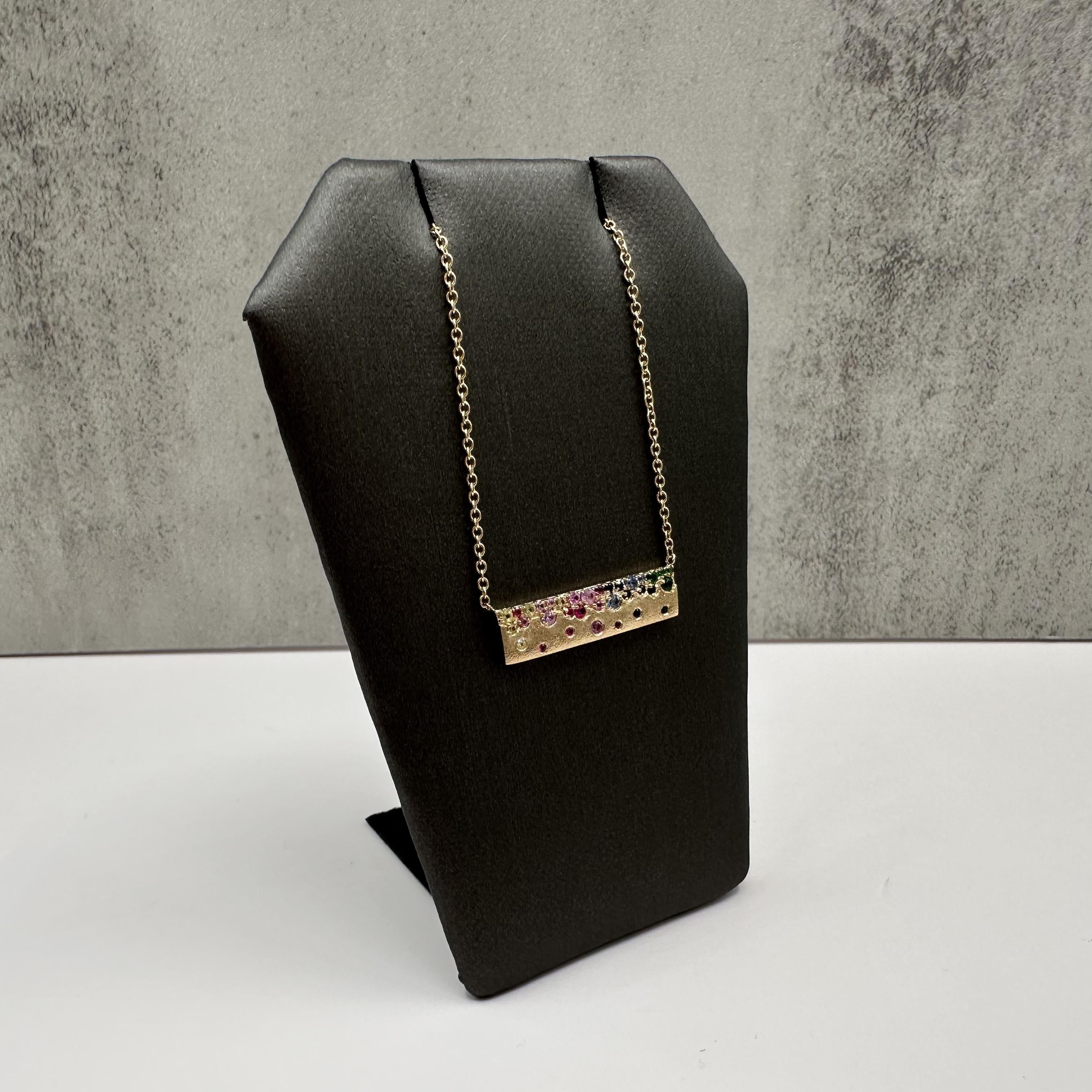 Rainbow Confetti Bar Necklace in 14kt Yellow Gold, Multi Sapphire Scattered