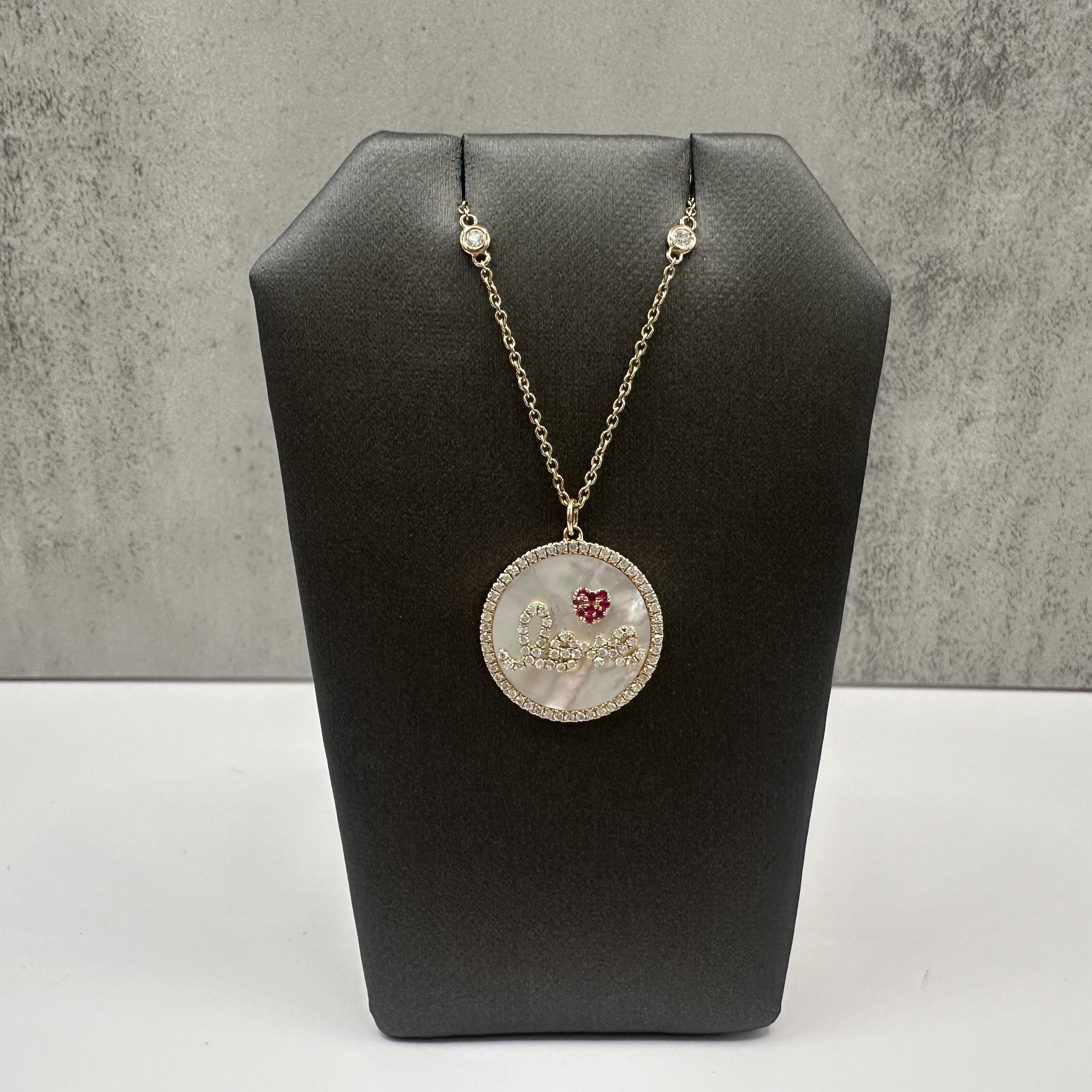 14K Yellow Gold Diamond Love Disc Necklace MOP Ruby 18”