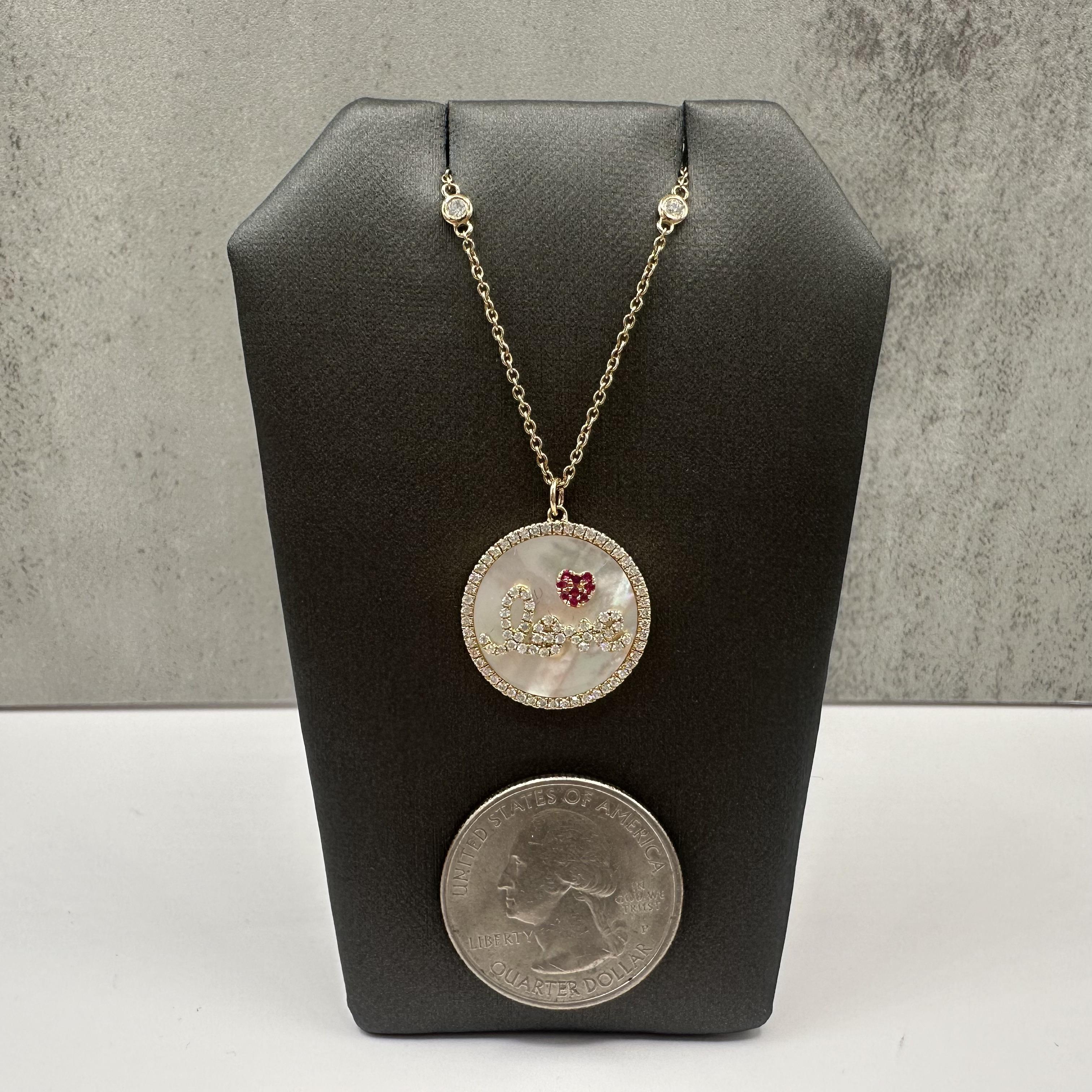 14K Yellow Gold Diamond Love Disc Necklace MOP Ruby 18”