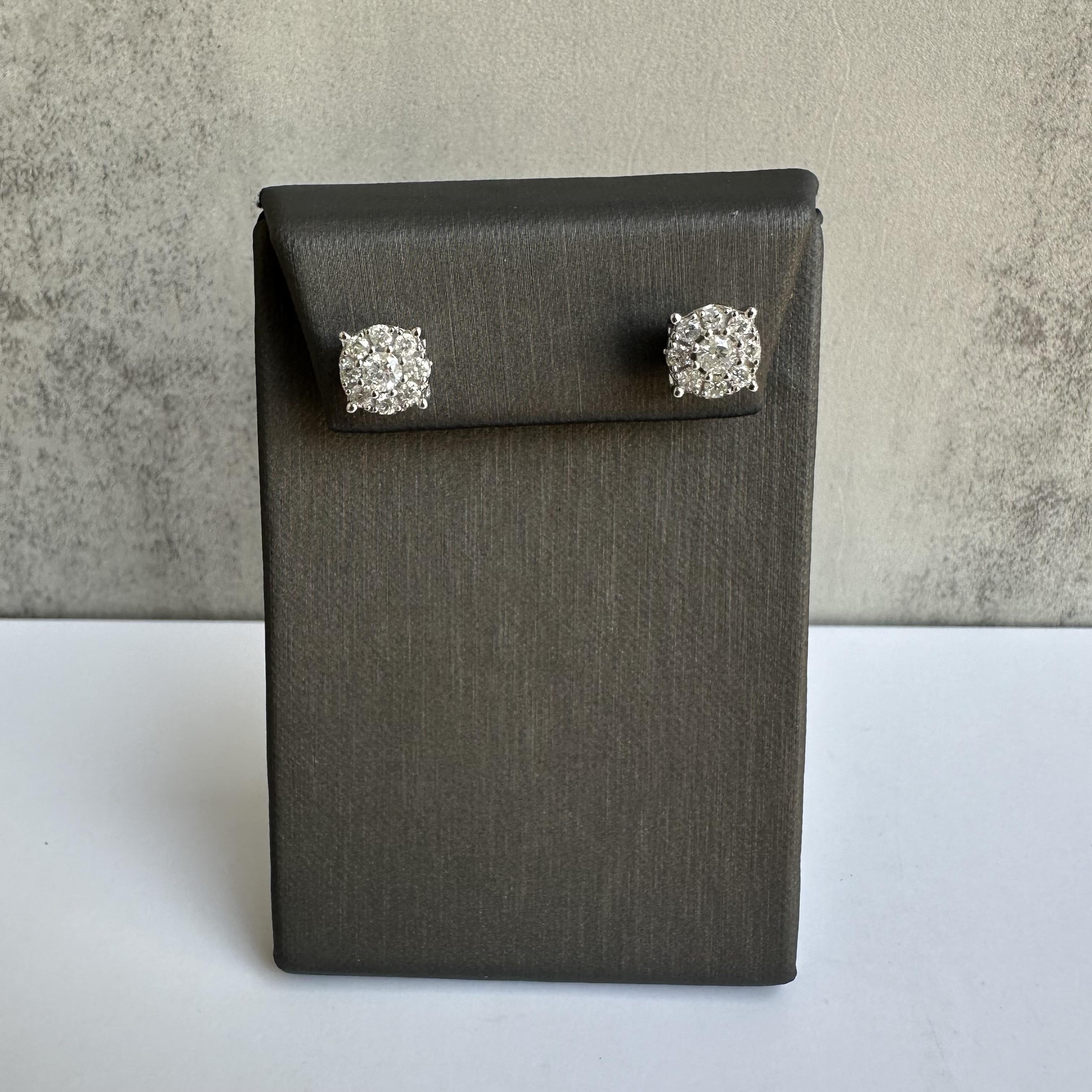 Big Diamond Cluster Stud Earrings 10K White Gold 1.20ctw Natural Diamonds 8.8mm