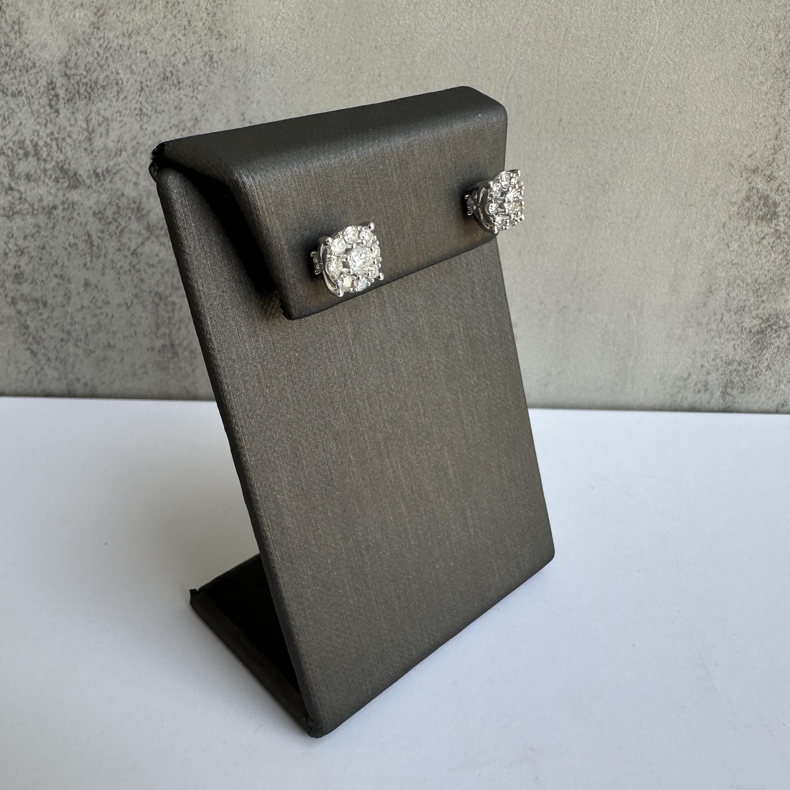 Big Diamond Cluster Stud Earrings 10K White Gold 1.20ctw Natural Diamonds 8.8mm