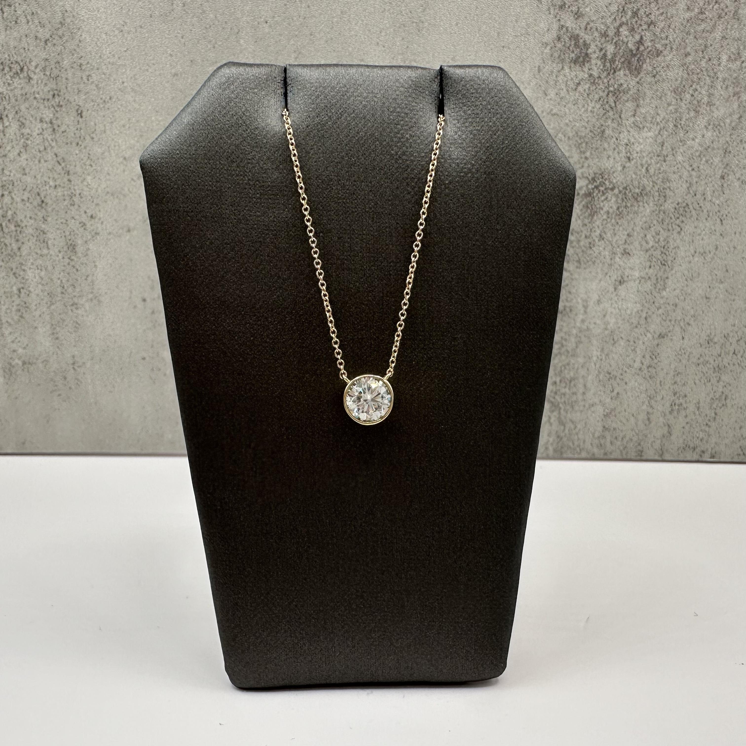 GIA 1 Carat Round Diamond Bezel Necklace 14K Yellow Gold I VS2