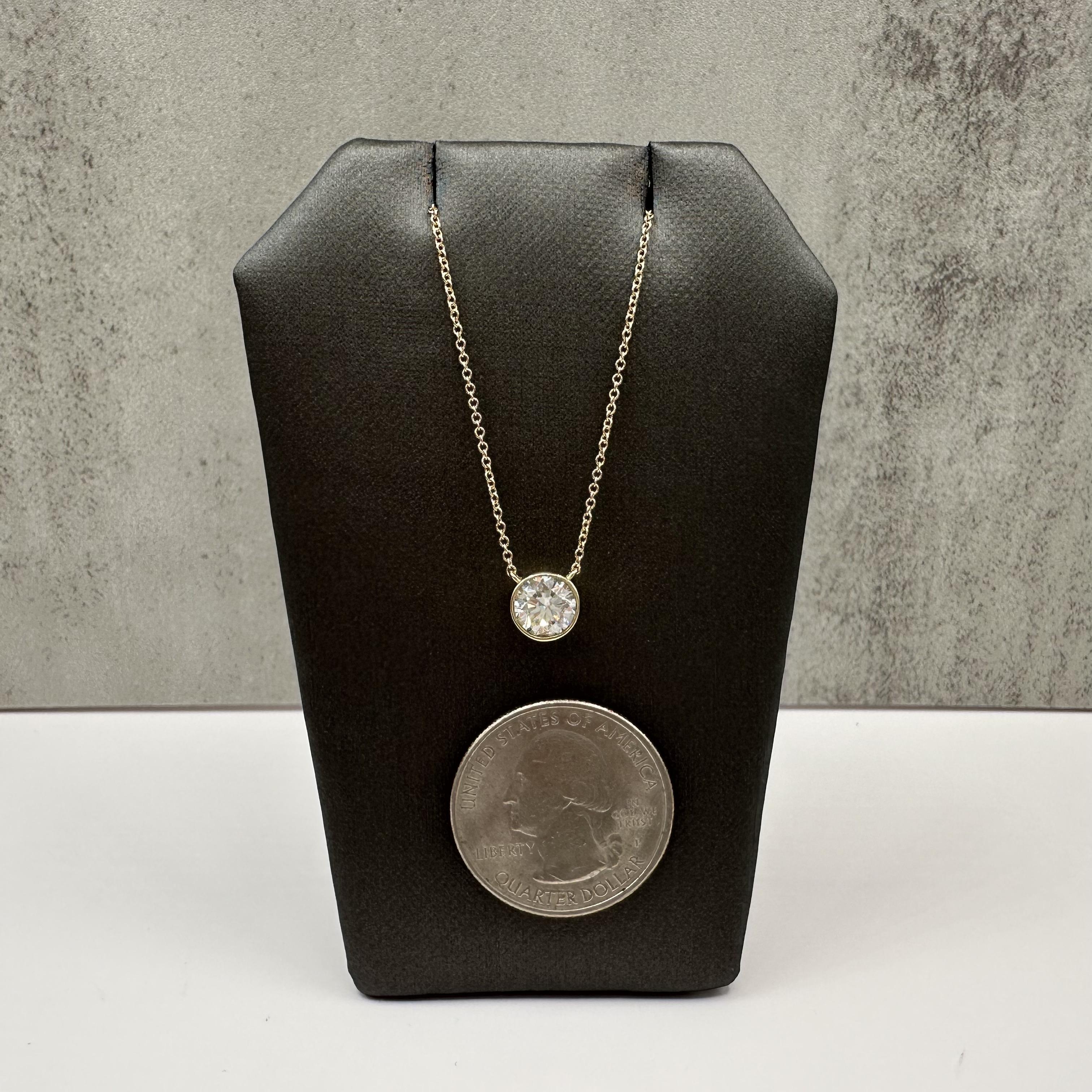 GIA 1 Carat Round Diamond Bezel Necklace 14K Yellow Gold I VS2