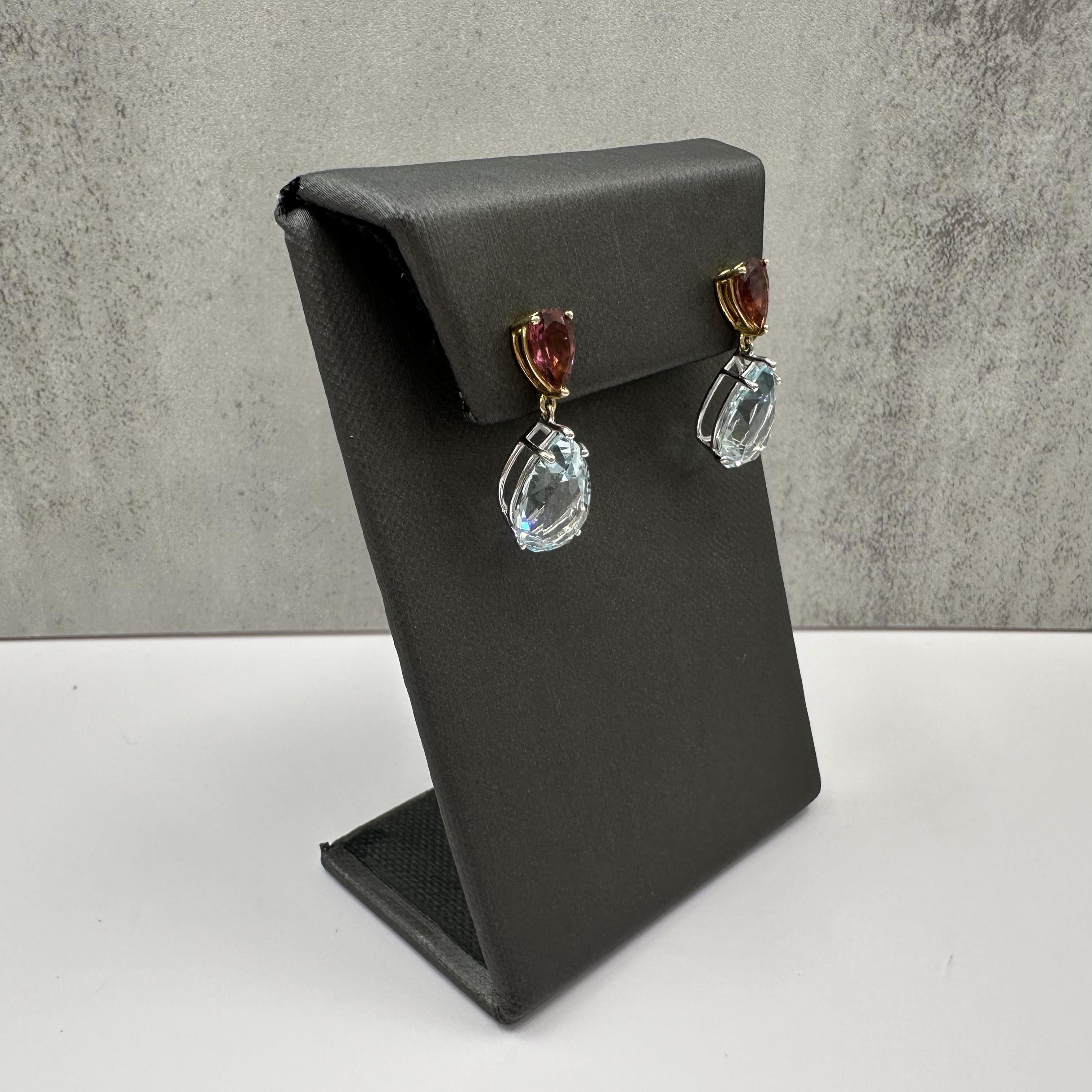 14K Two Tone Gold Aquamarine Rubellite Earrings 9.25ctw Pear